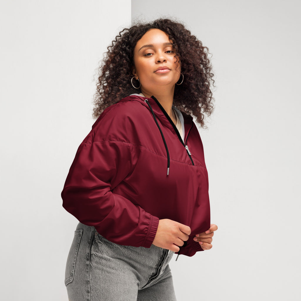 Women’s burgundy lightweight nylon bomber jacket with black zipper and adjustable drawstring hood, cropped windbreaker style