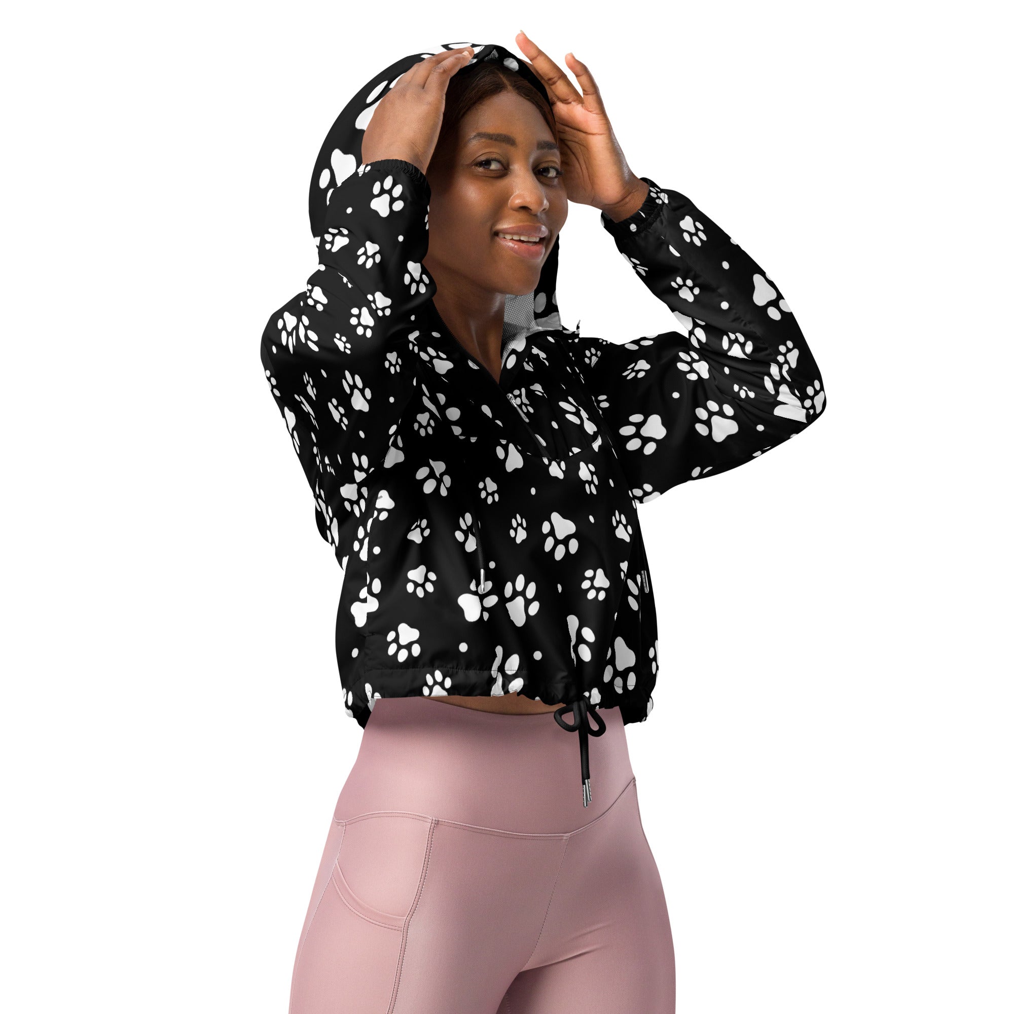 Women’s black cropped hoodie with white paw print pattern and drawstring waist lightweight and stylish casual wear