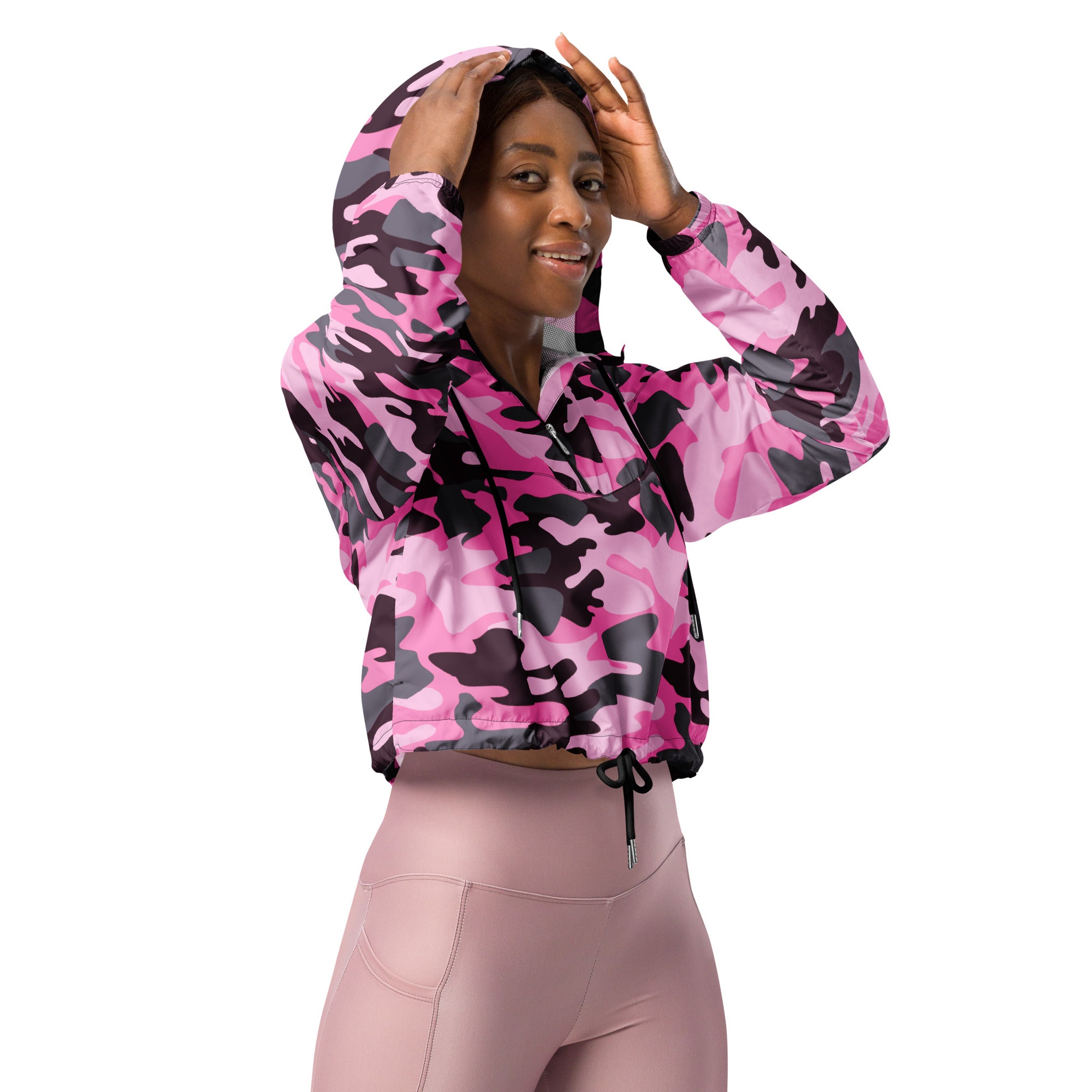 Women’s pink and black camouflage hooded crop top with drawstring cuffs lightweight water resistant jacket front view