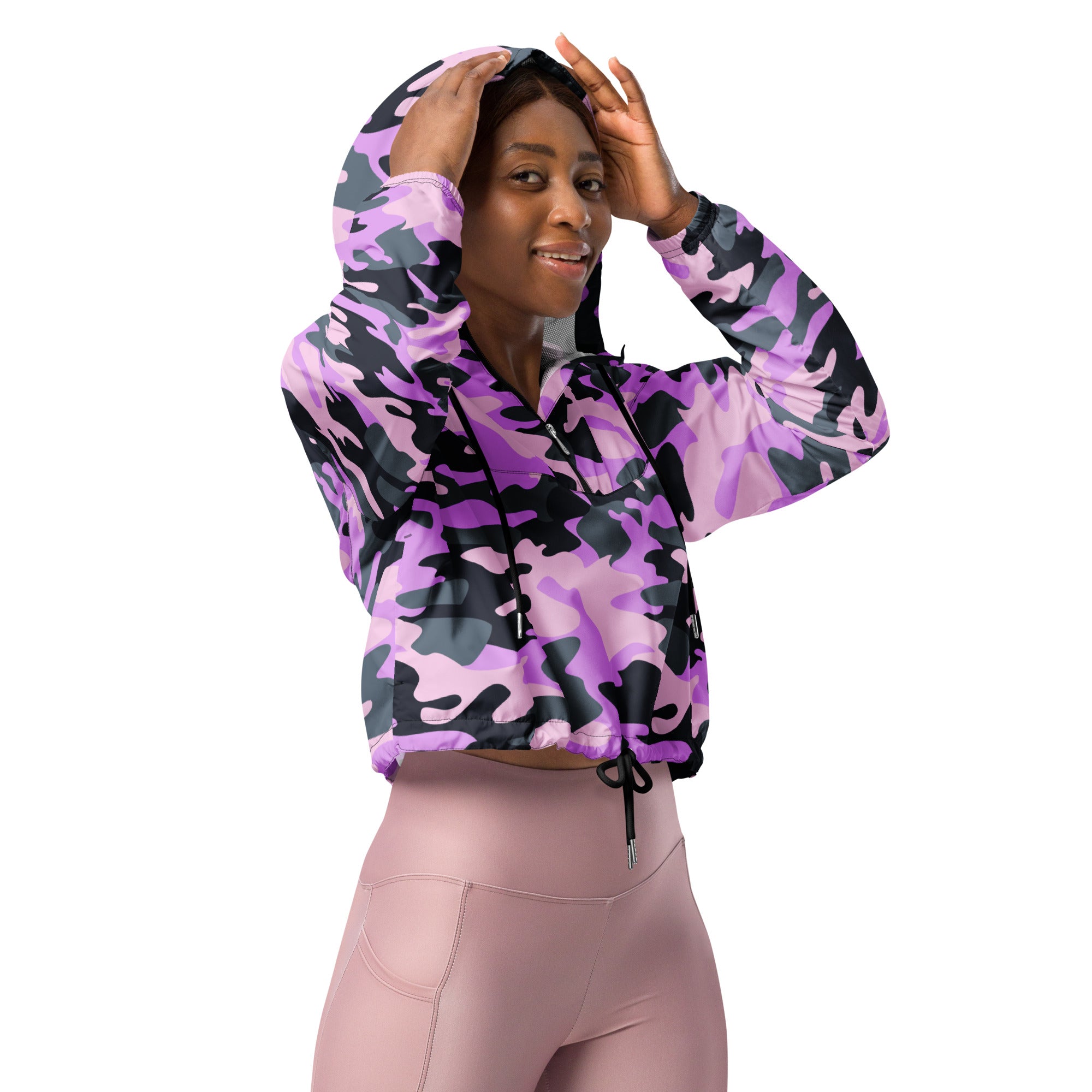 A vibrant purple and black camouflage cropped windbreaker hoodie with adjustable drawstring hood and pockets
