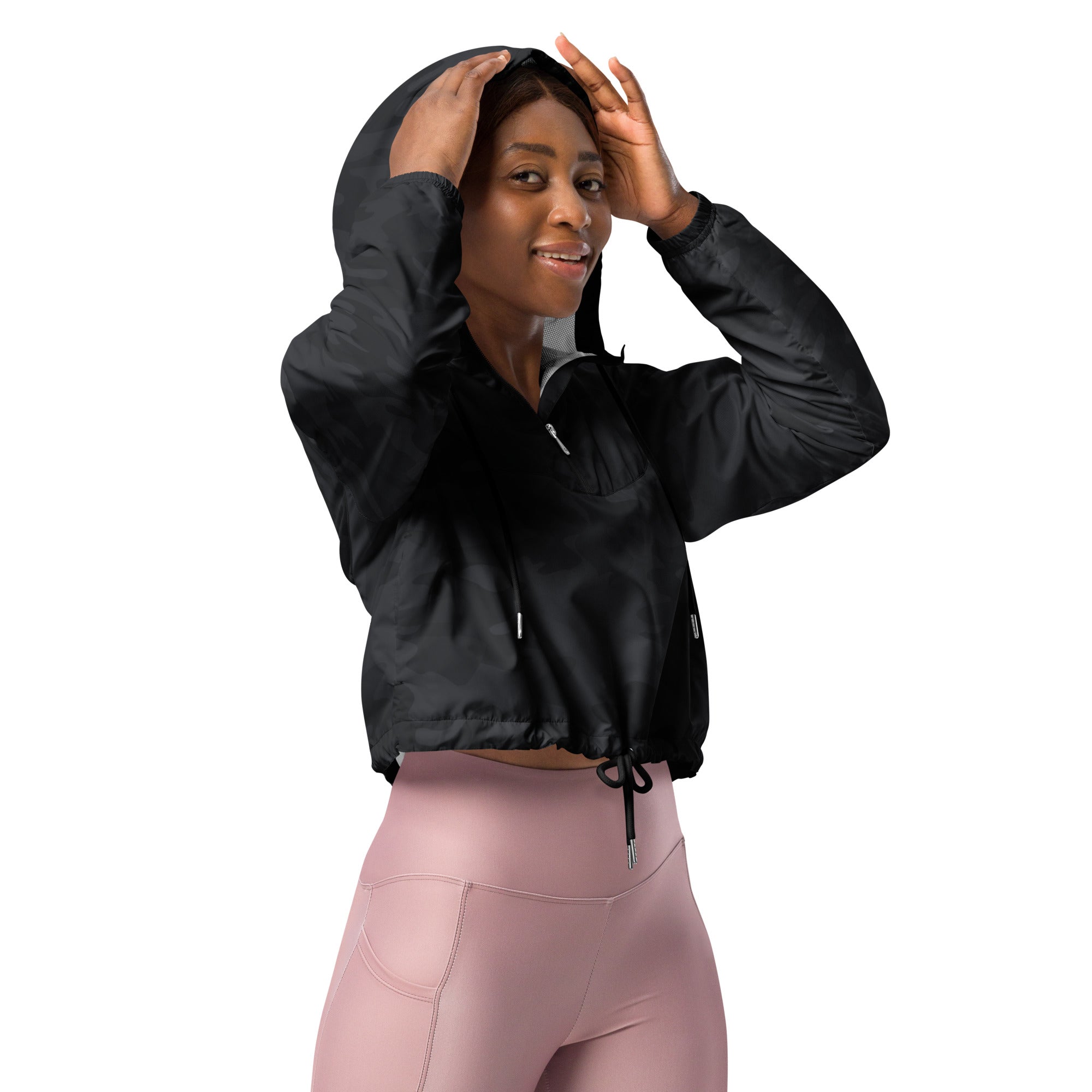 Women’s black cropped hooded windbreaker with shiny water-resistant fabric and silver zipper accents