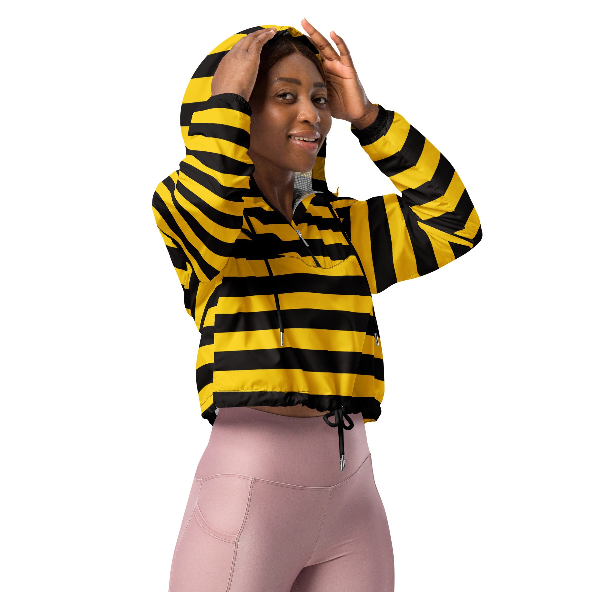Women’s bumblebee stripe cropped windbreaker in yellow and black with drawstring hood and front zipper pockets