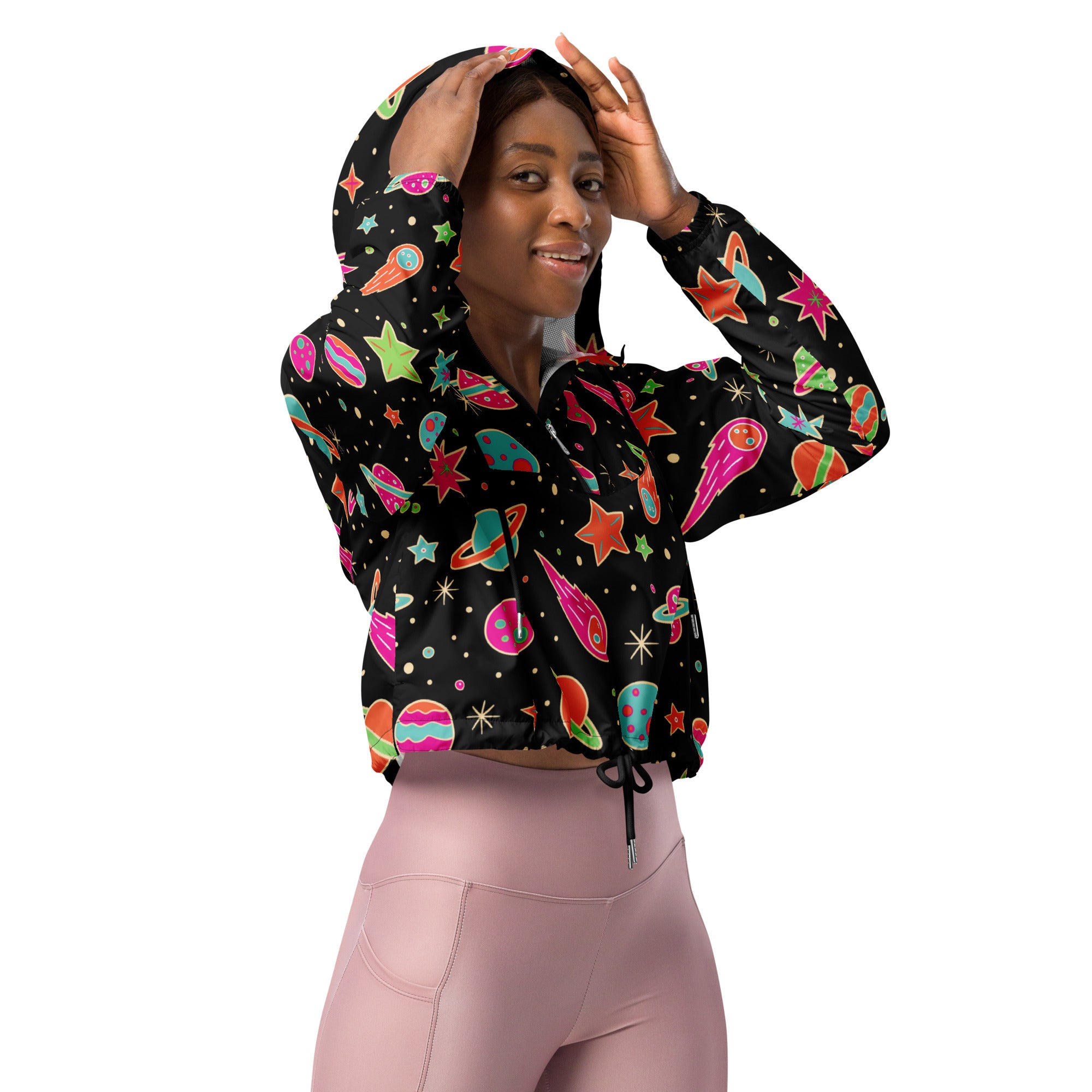 Women’s retro space cropped black hoodie with vibrant neon planet stars and rockets print lightweight windbreaker