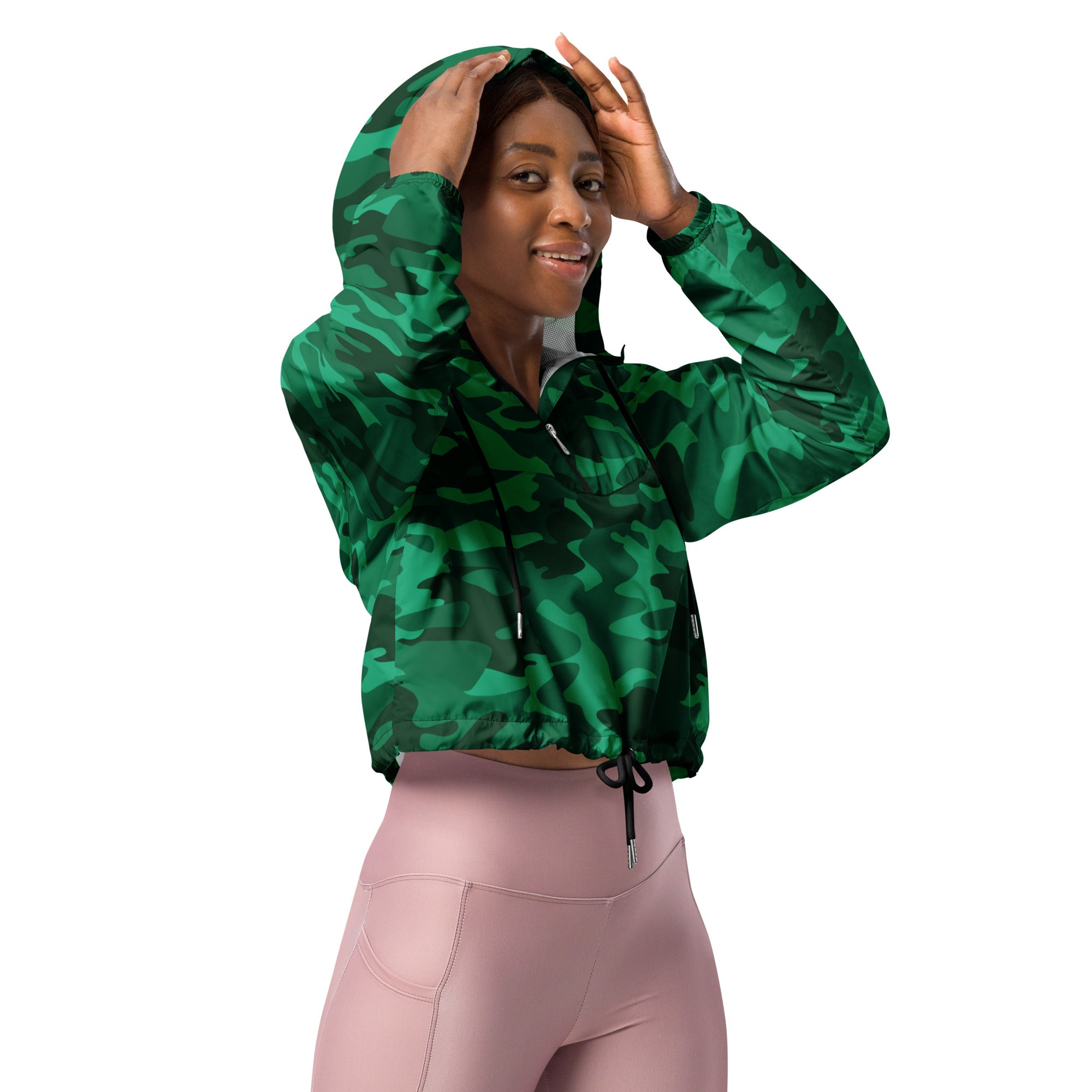 Women’s green camouflage cropped windbreaker with hood drawstring waist zippered front lightweight jacket
