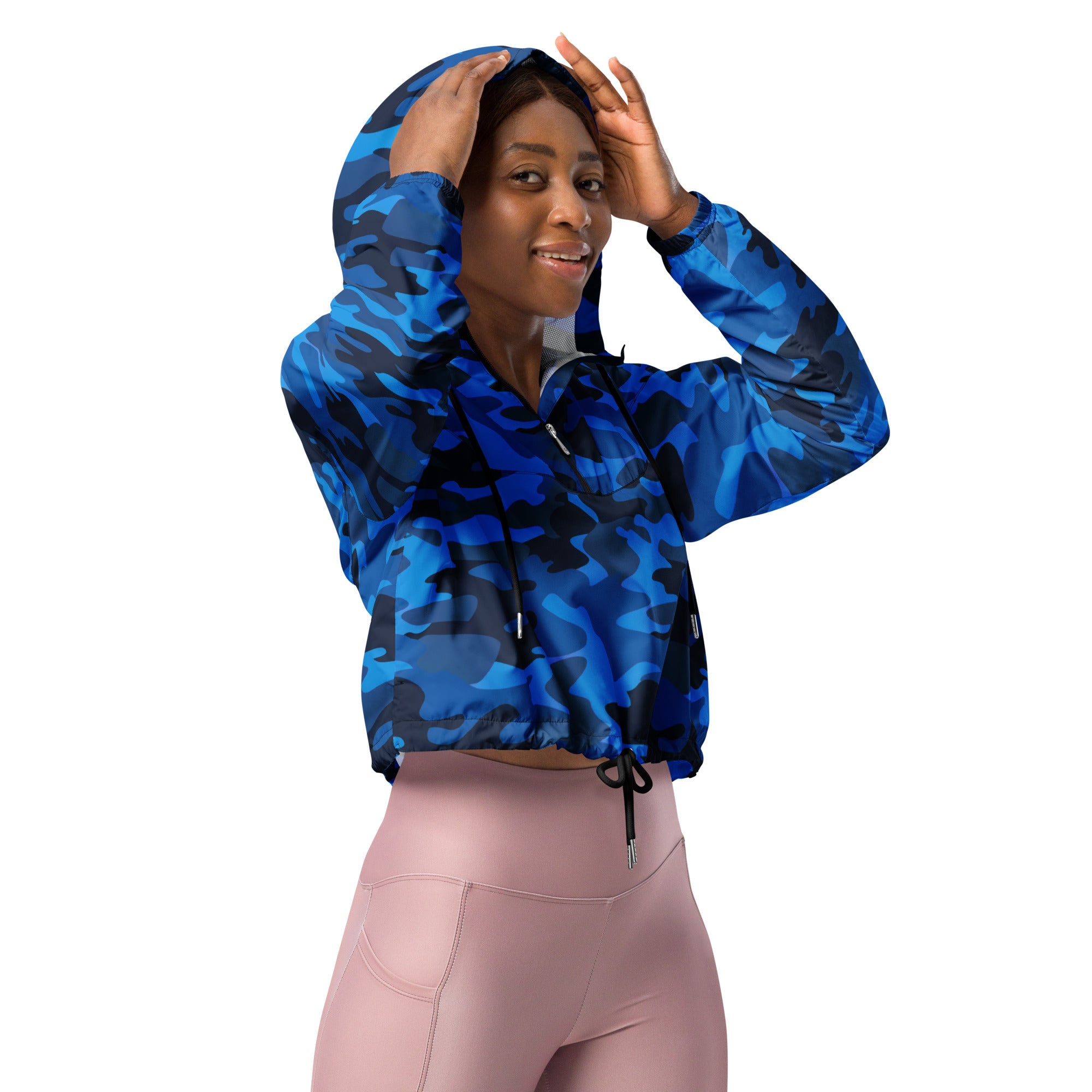 Women’s blue camouflage cropped windbreaker with drawstring waist zipper front lightweight and water resistant