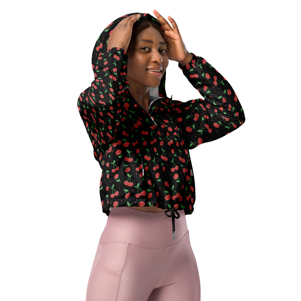 Women’s black cherry cropped windbreaker with vibrant red cherry print green stems drawstring hood and front zipper