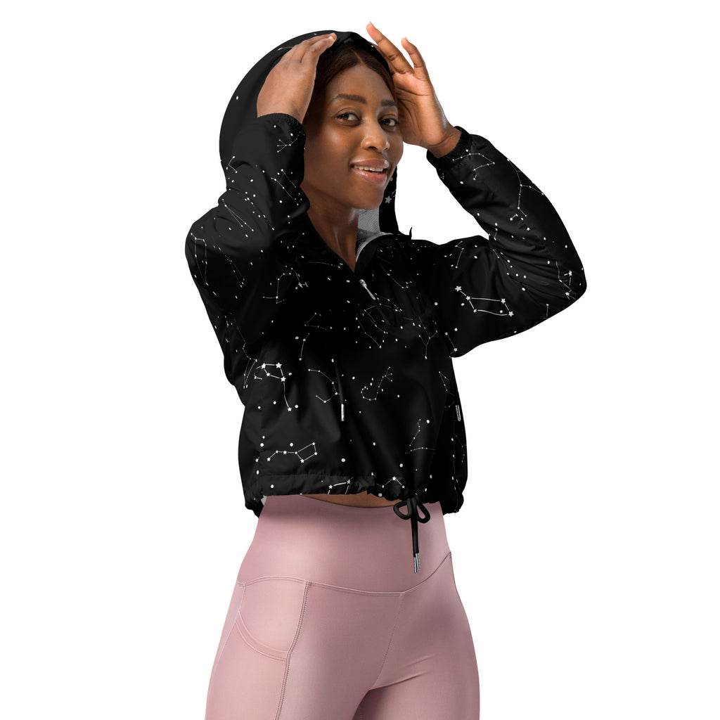 Black cropped hoodie with white star and constellation patterns lightweight water resistant windbreaker with adjustable hood and pockets