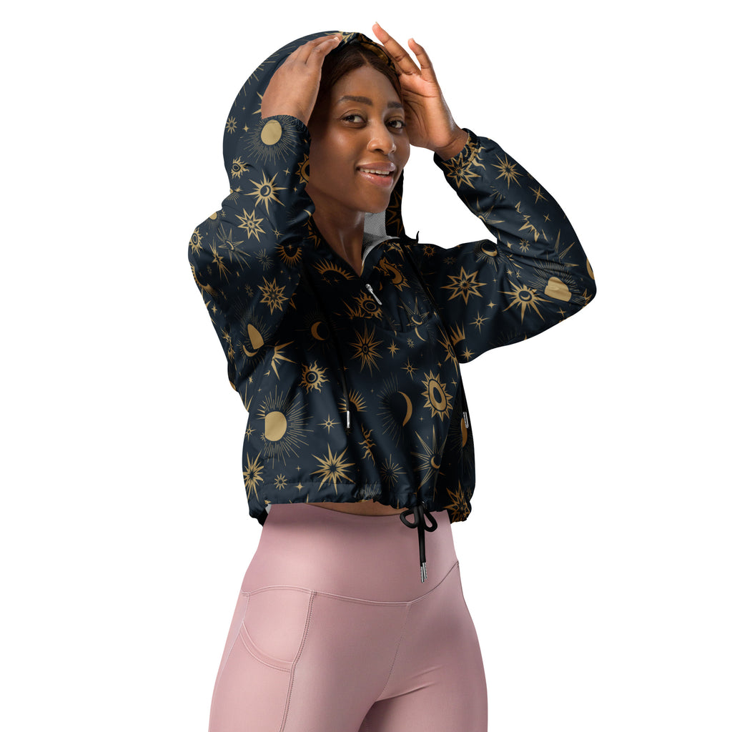 Dark blue cropped windbreaker hoodie with gold celestial suns moons and stars lightweight water resistant jacket