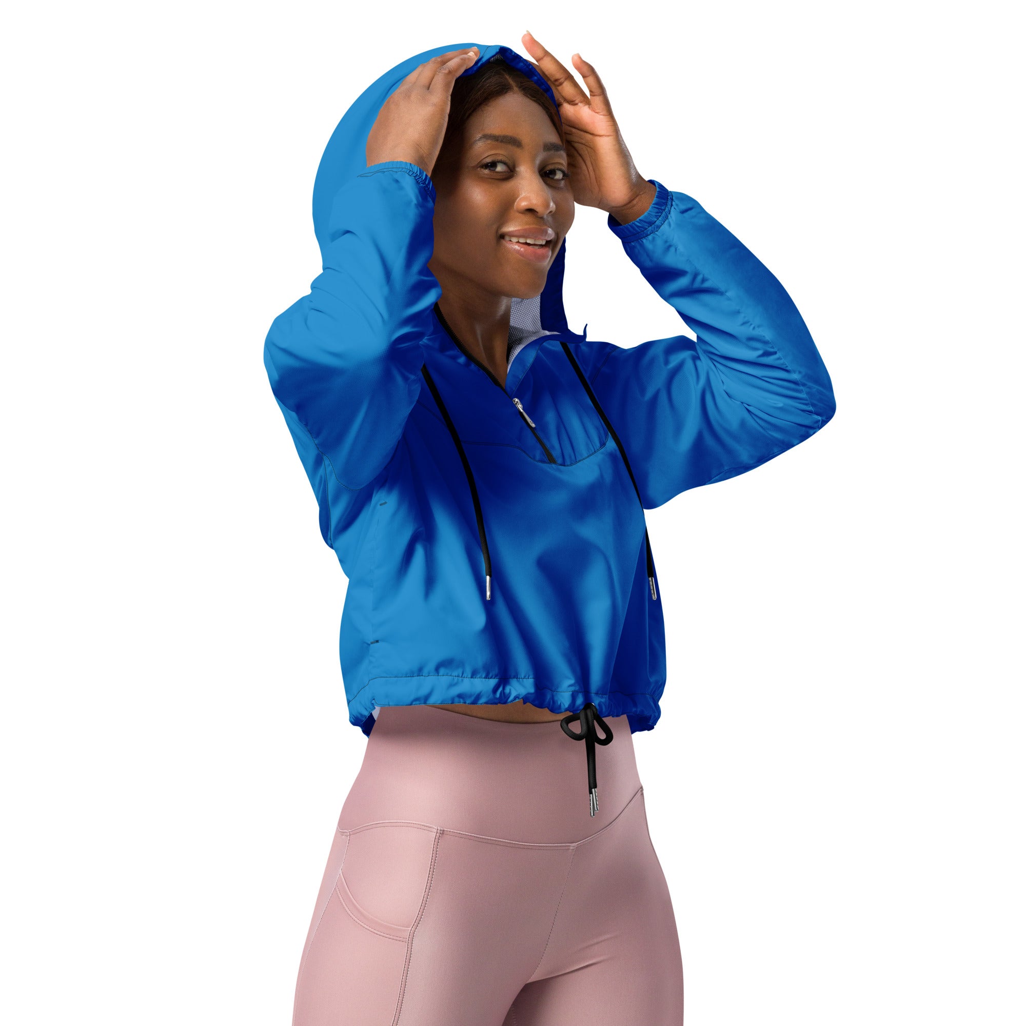 Women’s blue cropped windbreaker with black drawstrings and zipper lightweight water resistant jacket with adjustable hood
