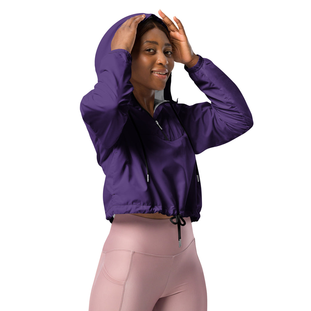 Women’s dark purple cropped windbreaker with shiny water-resistant fabric black drawstrings and adjustable hood