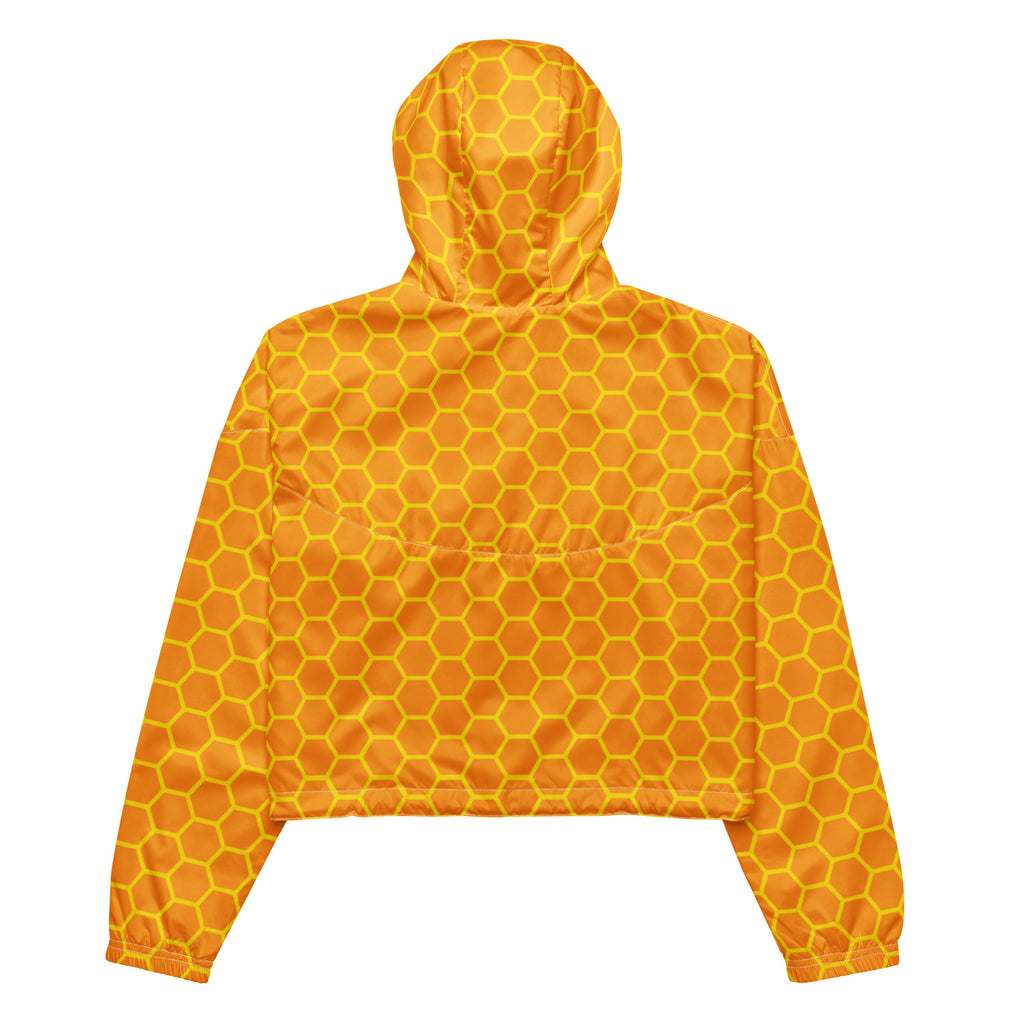 Women’s vibrant orange hooded windbreaker with bold yellow honeycomb pattern lightweight and water resistant