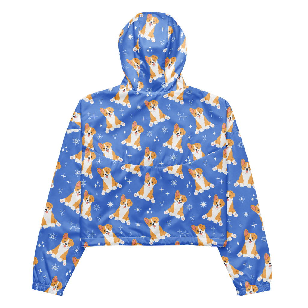 Women’s blue lightweight windbreaker cropped hoodie with orange and white corgi dog pattern and adjustable hood and pockets