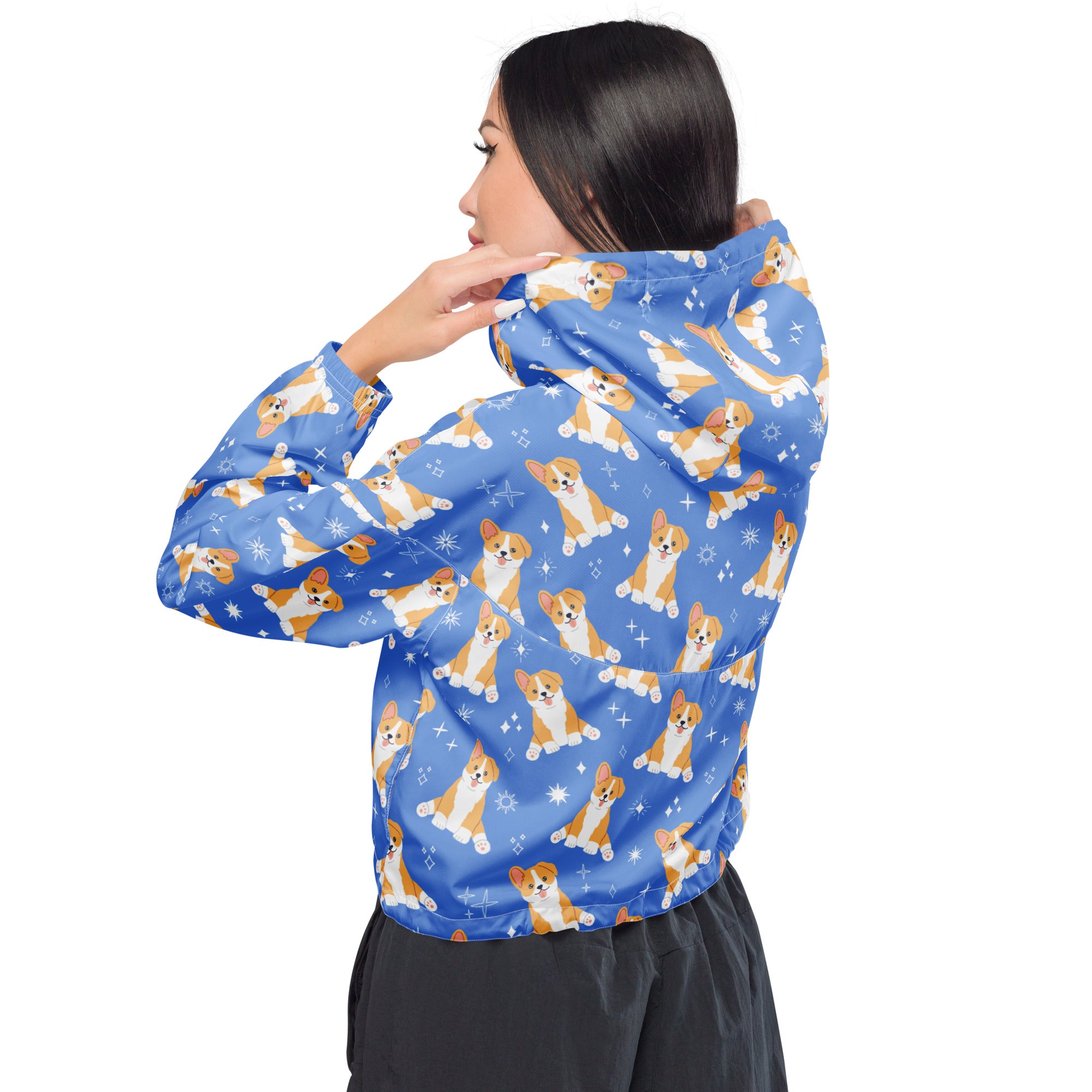 Women’s blue corgi dog cropped windbreaker jacket with white star accents lightweight water resistant with hood and pockets