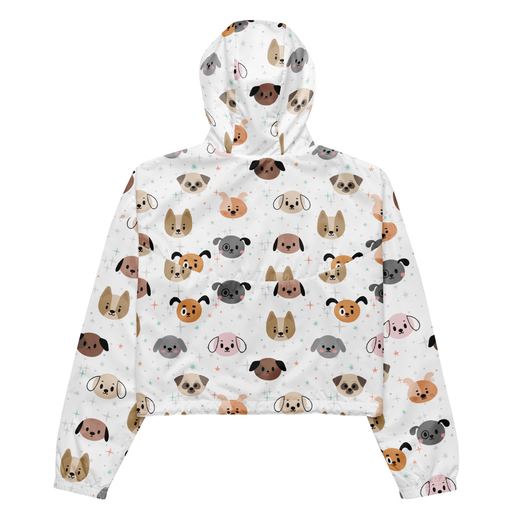 White cropped hoodie with colorful cartoon dog pattern lightweight water resistant windbreaker for women with hood and pockets