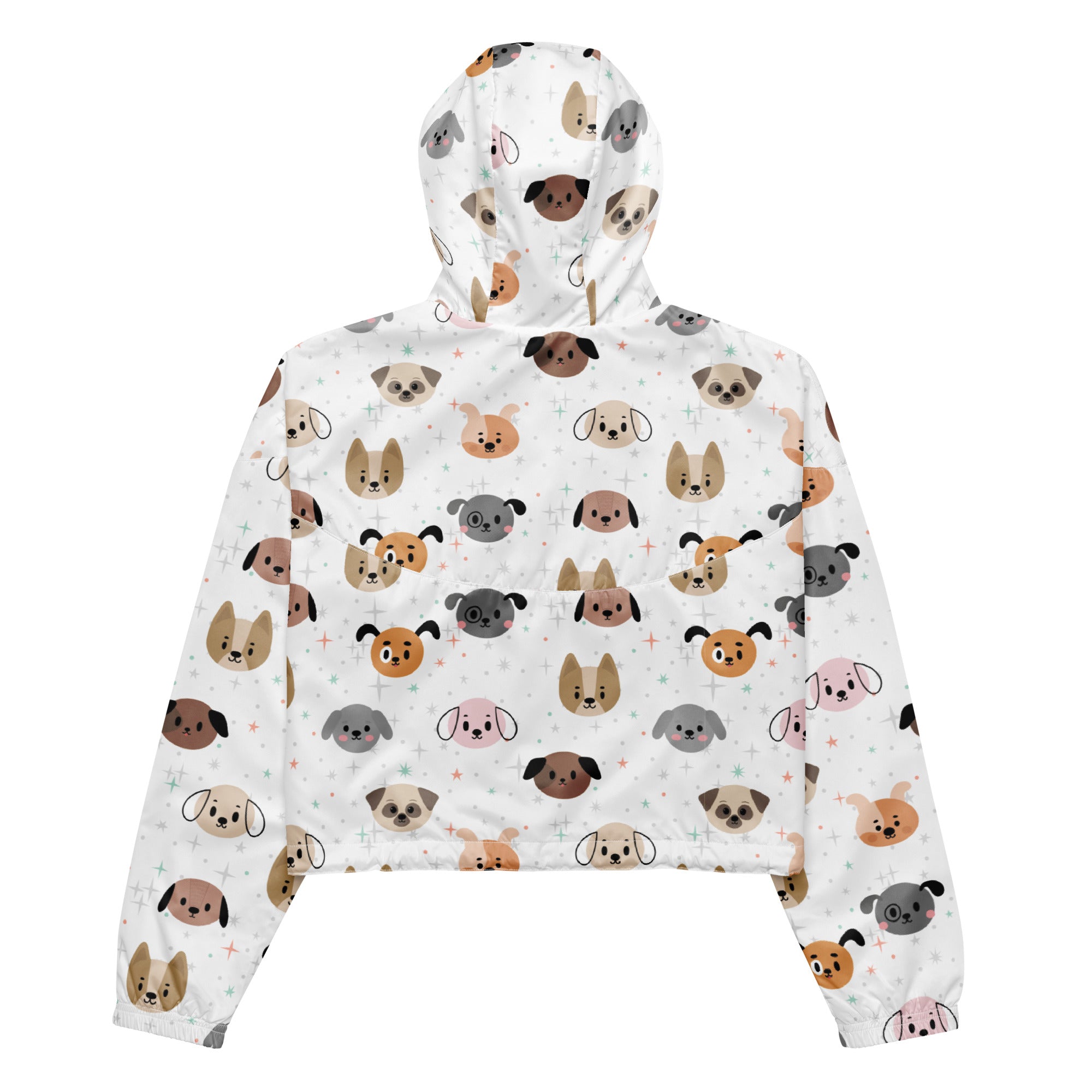 White cropped hoodie with colorful cartoon dog pattern lightweight water resistant windbreaker for women with hood and pockets