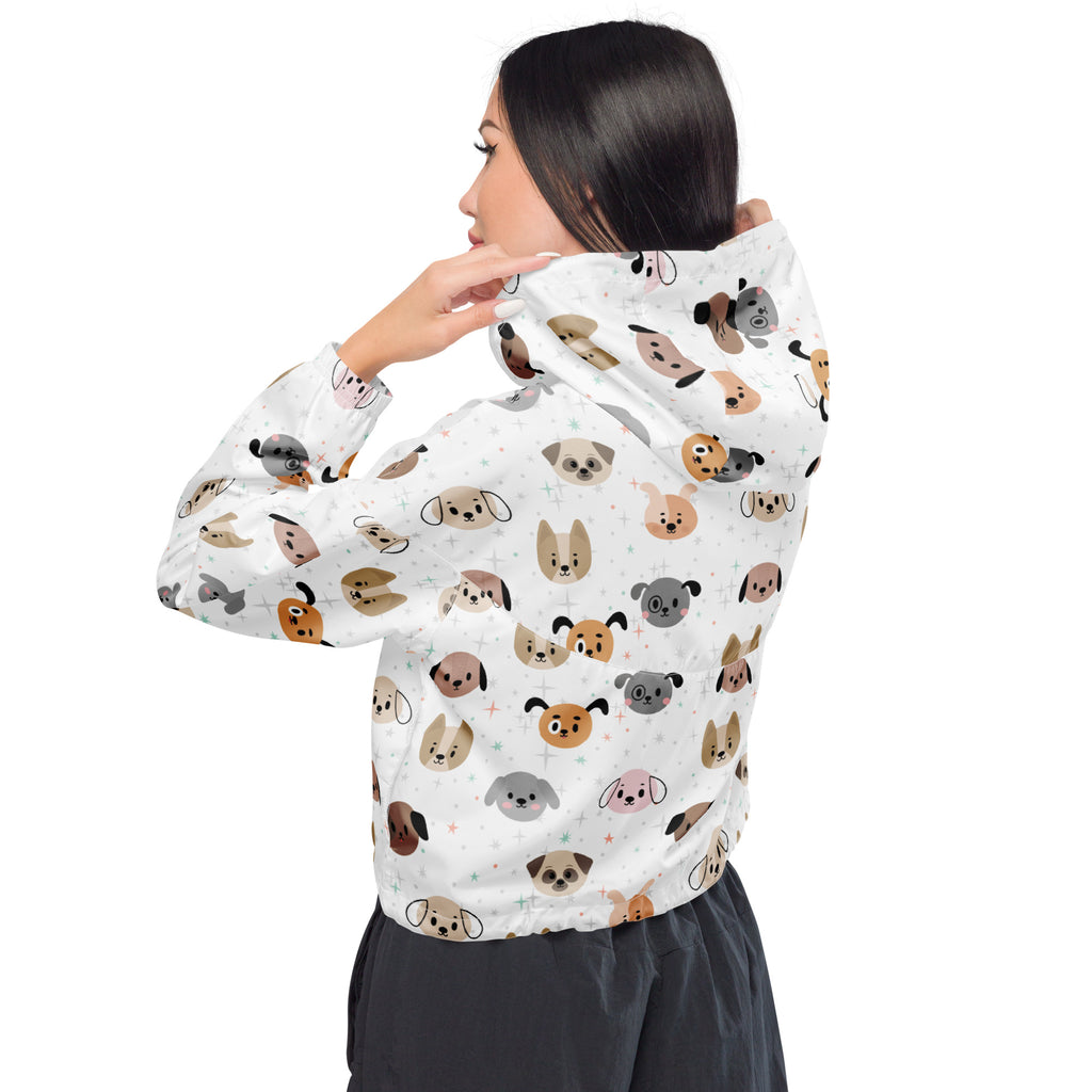 White hooded lightweight water resistant cropped windbreaker with colorful cartoon dog pattern for women