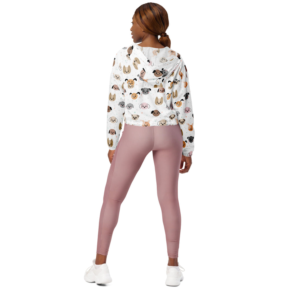 White women’s dog face cropped windbreaker with playful multicolor dog pattern lightweight wind resistant jacket