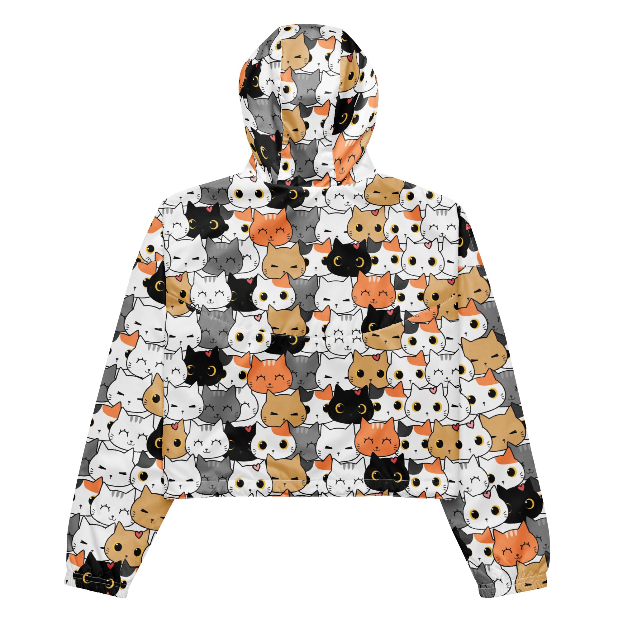 Women’s lightweight cat face cropped hoodie with adjustable hood and pockets featuring playful cartoon cats pattern