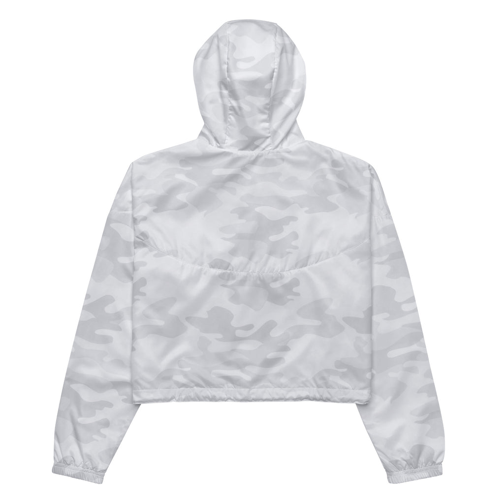 Women’s white camouflage cropped windbreaker with adjustable hood and pockets, lightweight and water resistant jacket