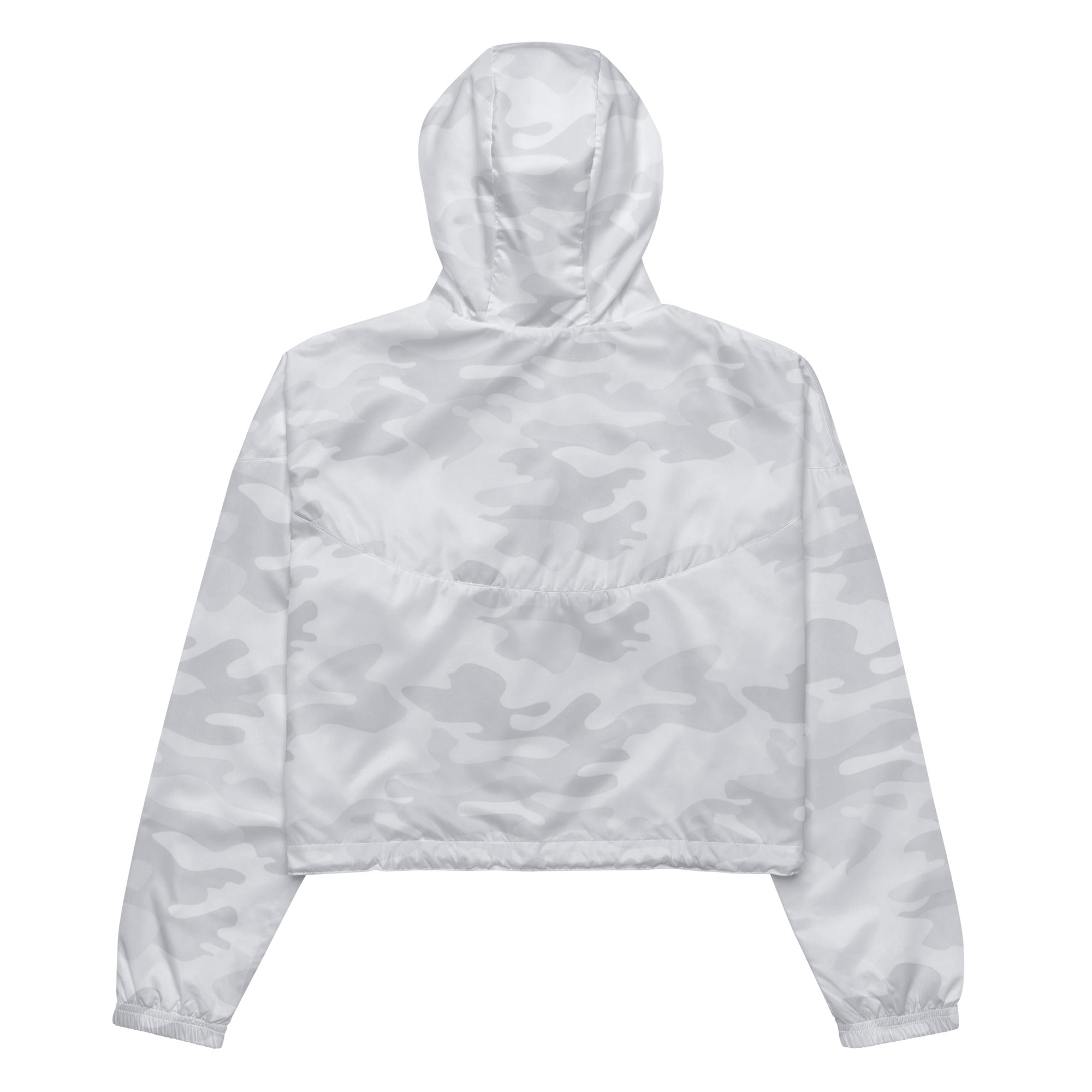 Women’s white camouflage cropped windbreaker with adjustable hood and pockets, lightweight and water resistant jacket