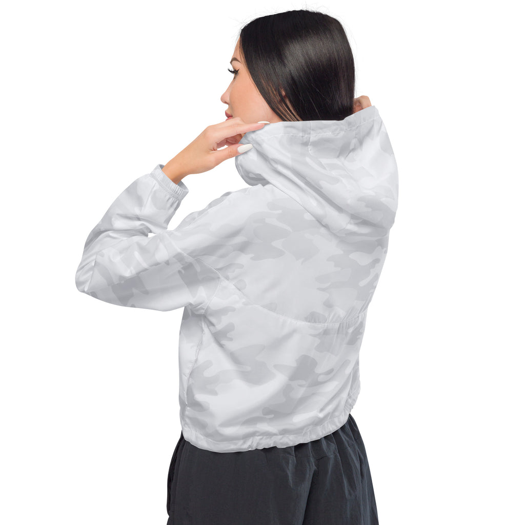 Women’s white and gray camouflage cropped windbreaker with lightweight fabric, adjustable hood, and pockets