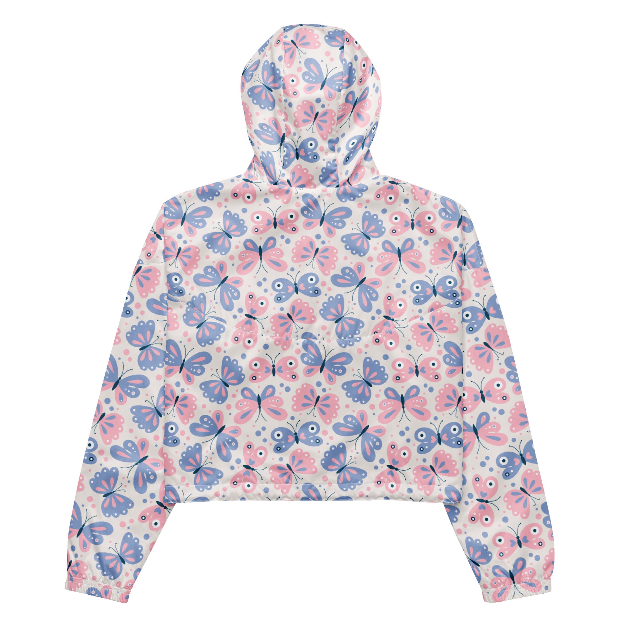 Women’s pastel butterfly cropped hoodie with pink and blue butterfly pattern on light background