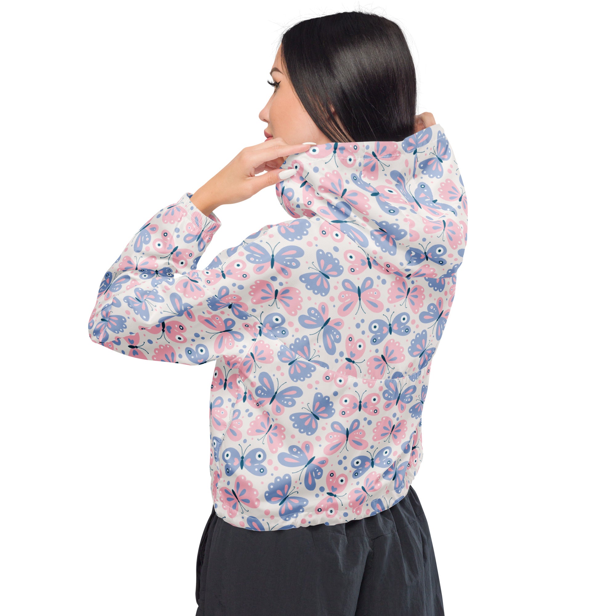 Women’s pastel butterfly cropped windbreaker with adjustable hood lightweight water resistant jacket with pink and blue butterflies on white