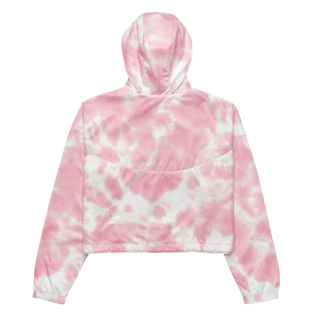 Women’s pink and white tie-dye cropped puffy hoodie with adjustable hood and pockets for lightweight windbreaker use