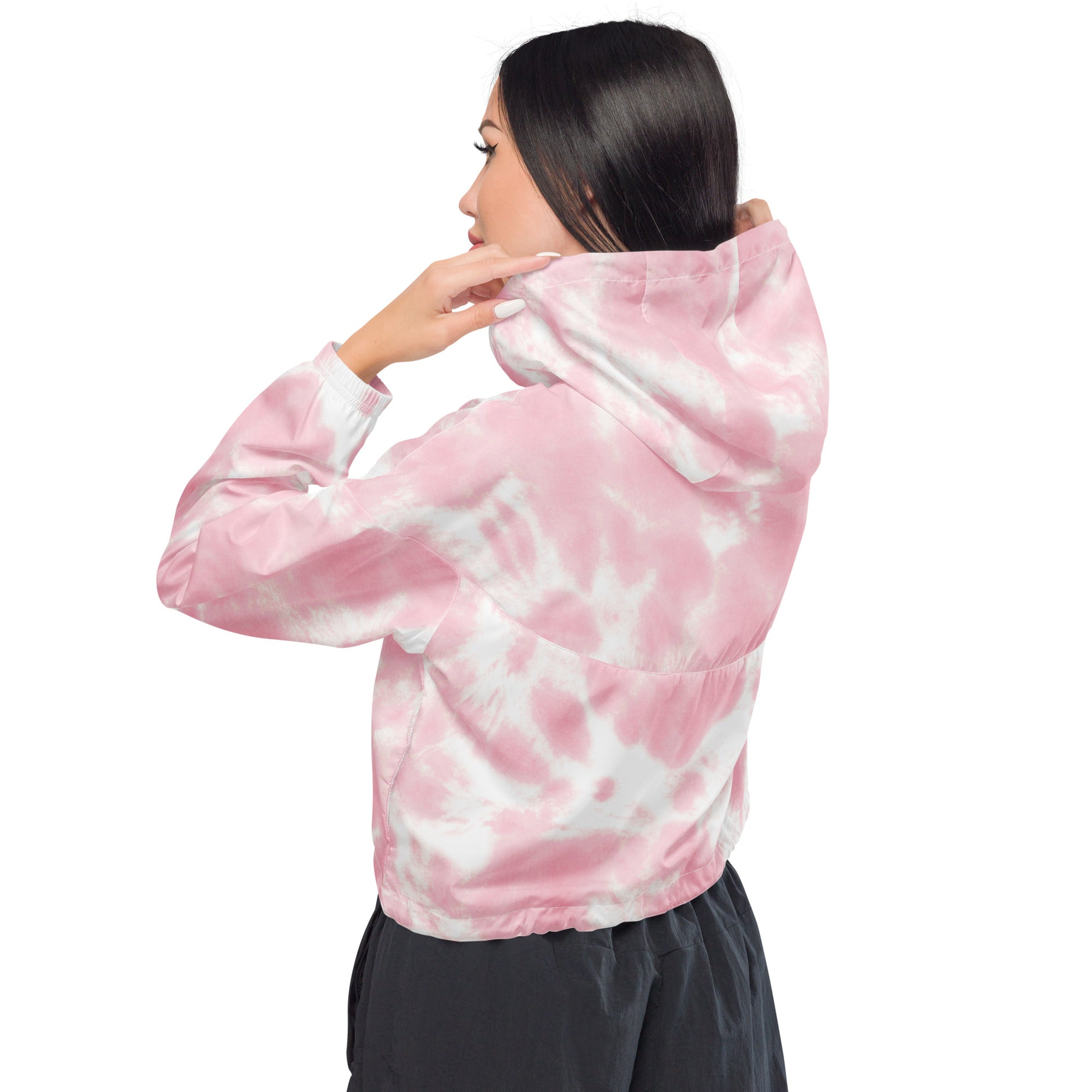 Women’s pink and white tie dye cropped windbreaker lightweight water resistant jacket with adjustable hood and pockets