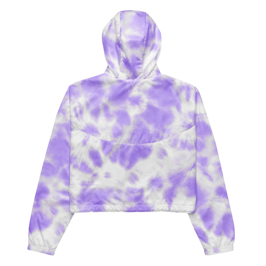 Women’s purple and white tie-dye cropped hoodie lightweight windbreaker with adjustable hood and pockets front view