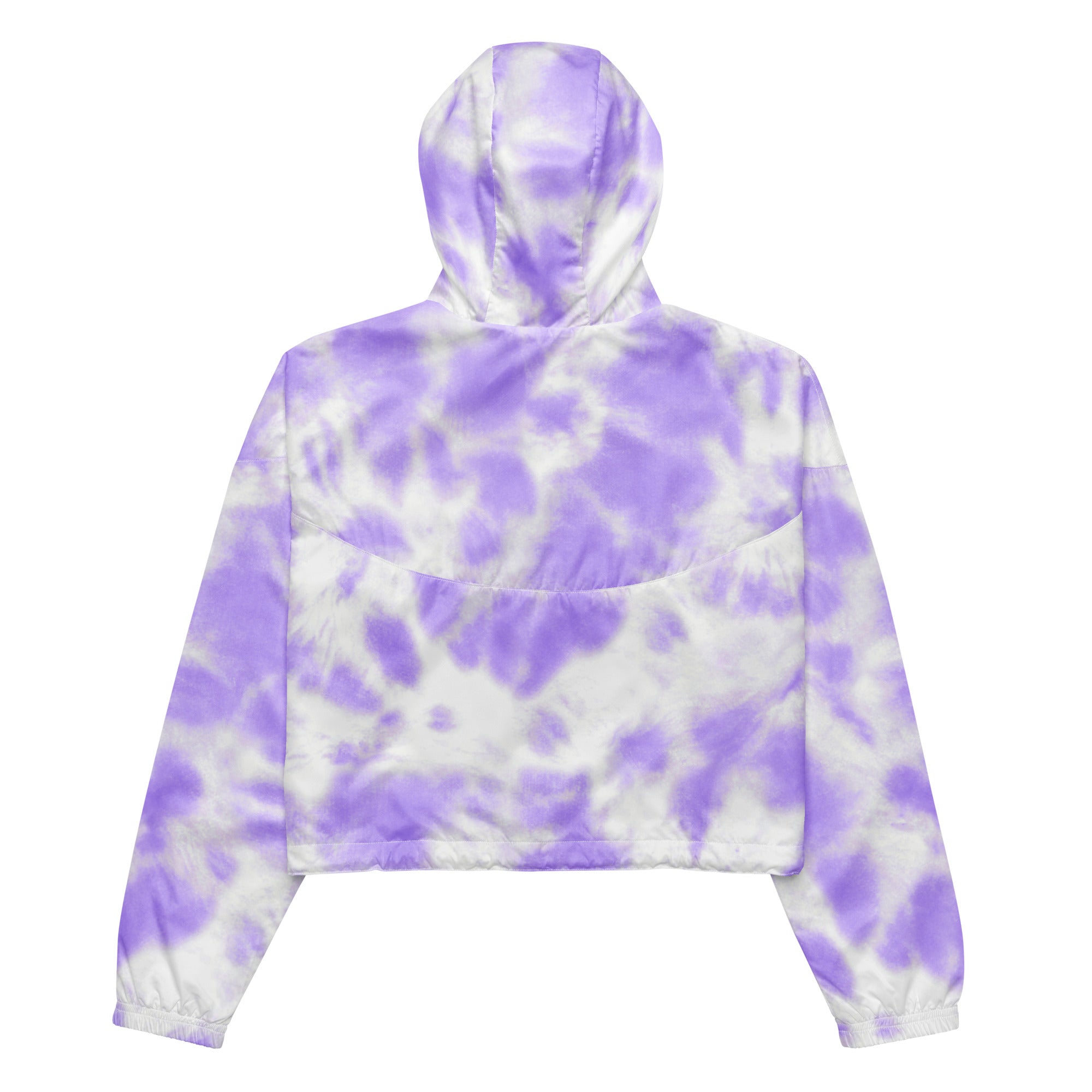 Women’s purple and white tie-dye cropped hoodie lightweight windbreaker with adjustable hood and pockets front view