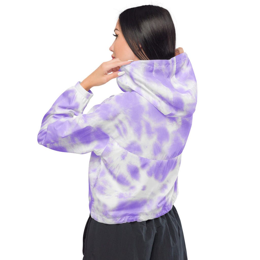 Women’s purple and white tie dye cropped hoodie with relaxed casual fit and adjustable hood and pockets