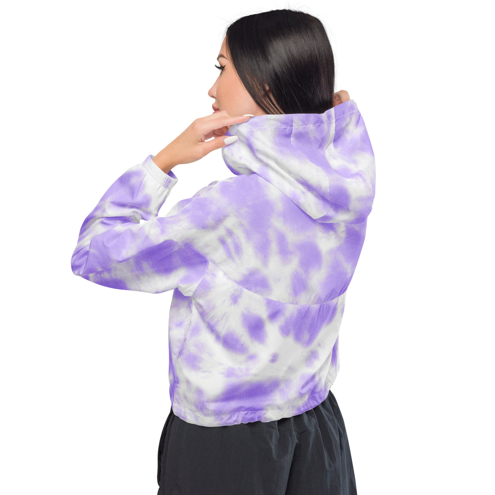 Women’s purple and white tie dye cropped hoodie with relaxed casual fit and adjustable hood and pockets