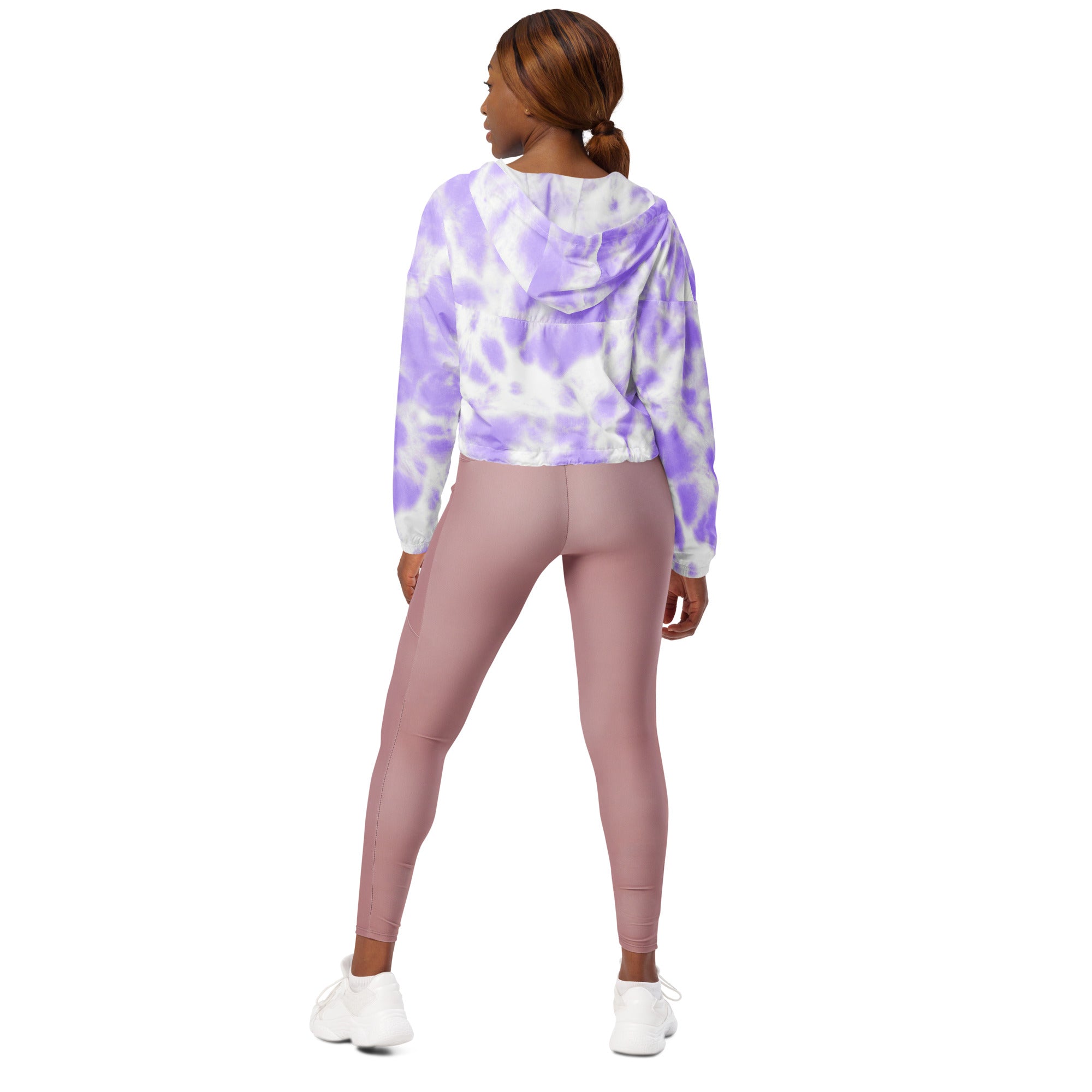 Lavender and white tie-dye cropped windbreaker with long sleeves lightweight water resistant hooded sweatshirt for women