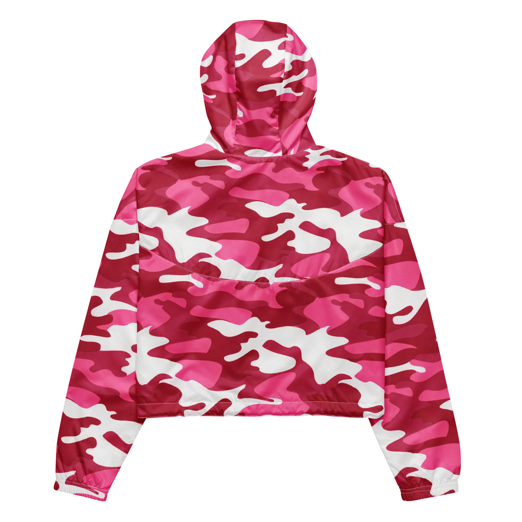 Women’s bright pink cropped windbreaker with white camouflage pattern shiny lightweight water resistant fabric and hood