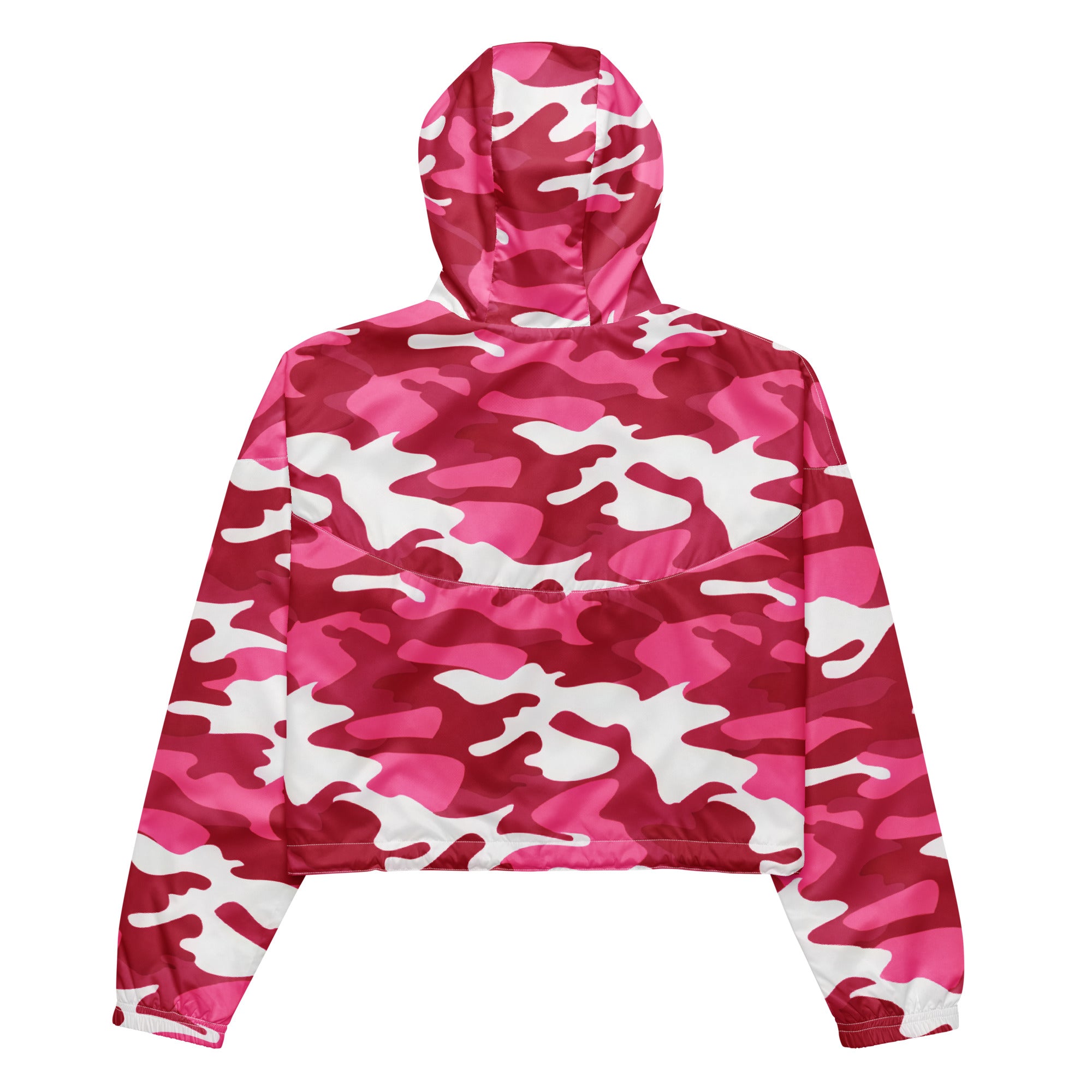 Women’s bright pink cropped windbreaker with white camouflage pattern shiny lightweight water resistant fabric and hood