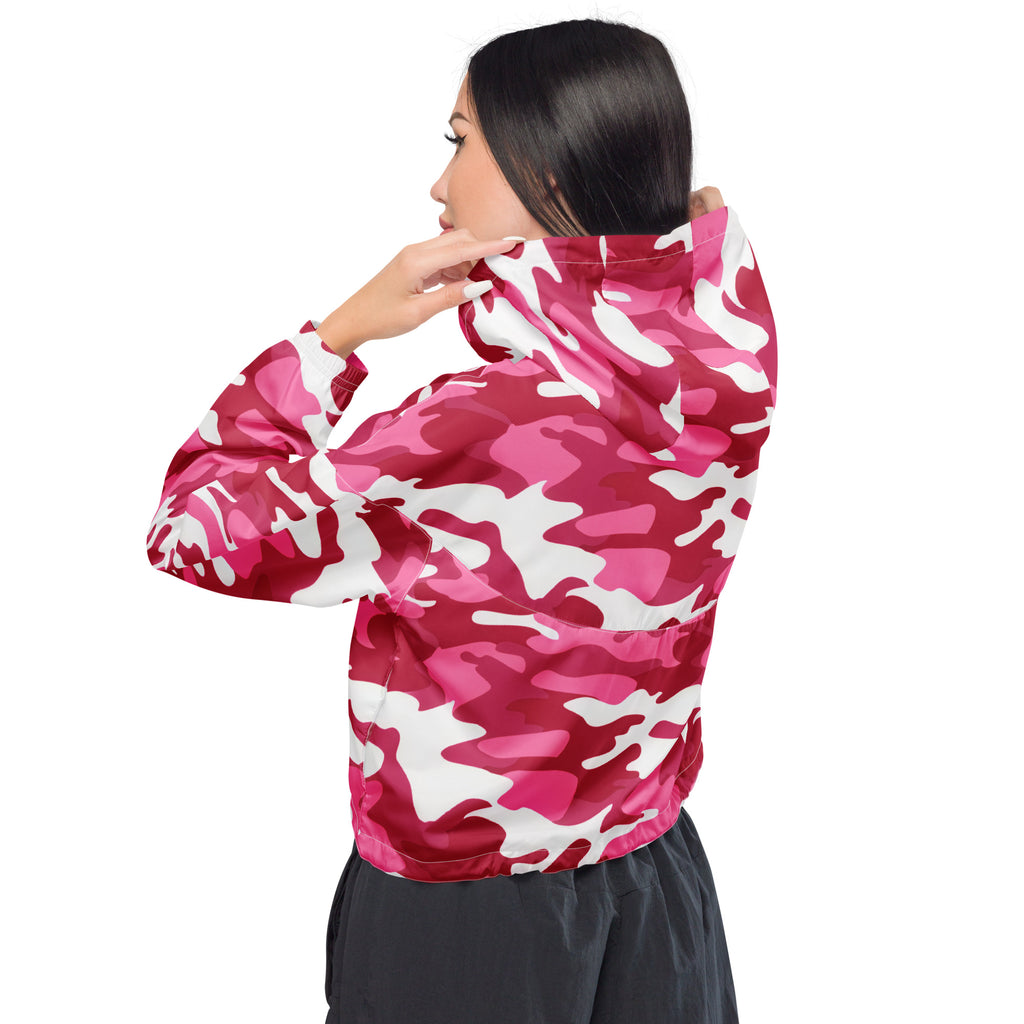 Women’s bright pink and white camouflage cropped windbreaker jacket with shiny lightweight fabric and adjustable hood