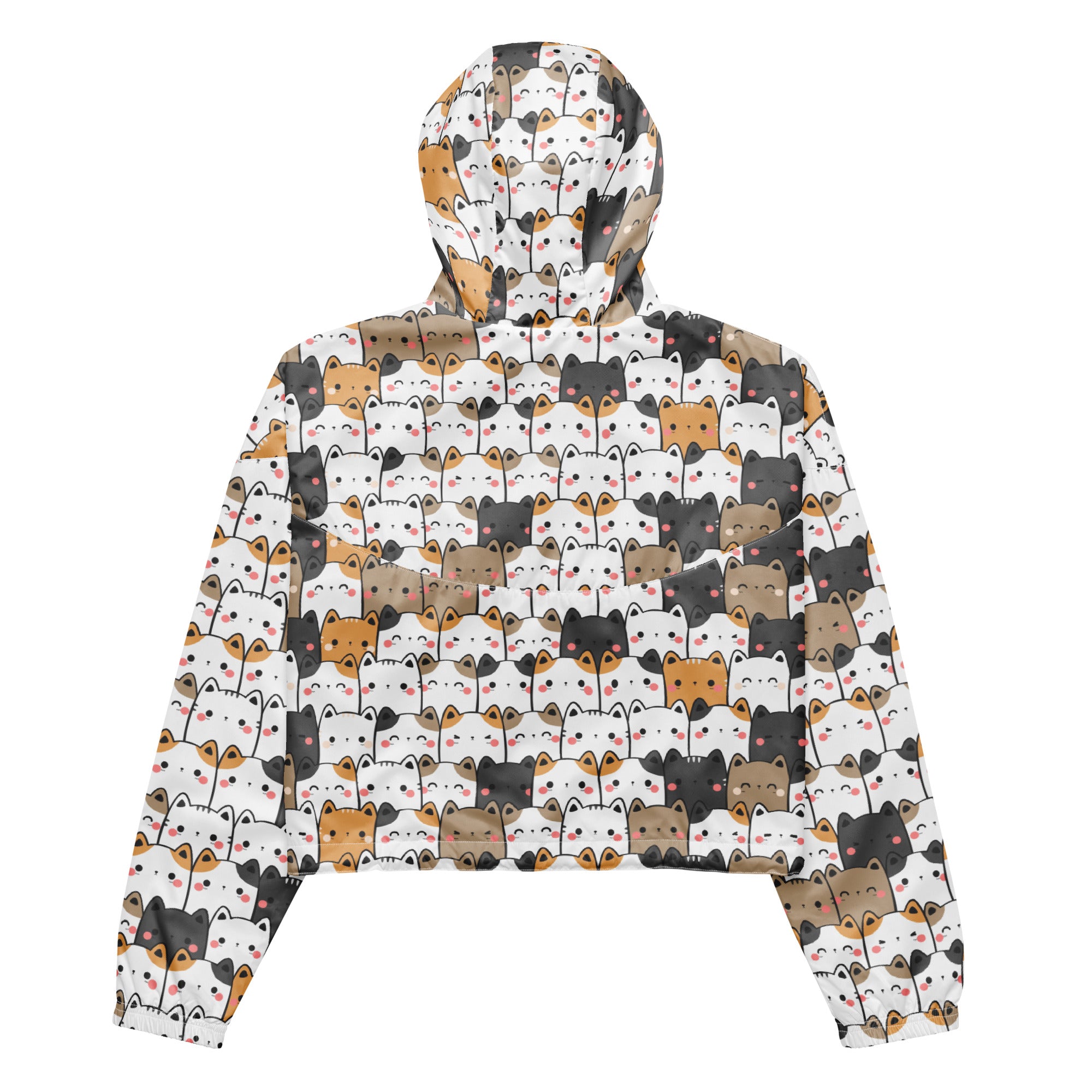 Women’s kawaii cat cropped windbreaker with playful white black orange cat pattern on light background, adjustable hood and pockets