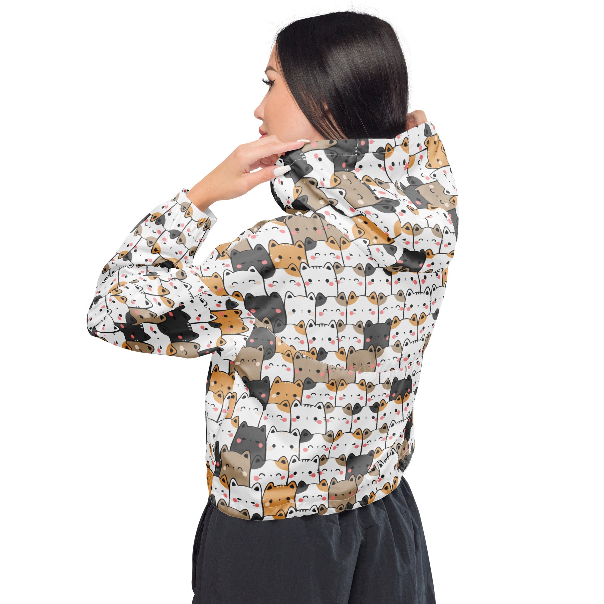 White cropped hoodie with colorful cartoon cats pattern from women’s kawaii cat lightweight windbreaker jacket