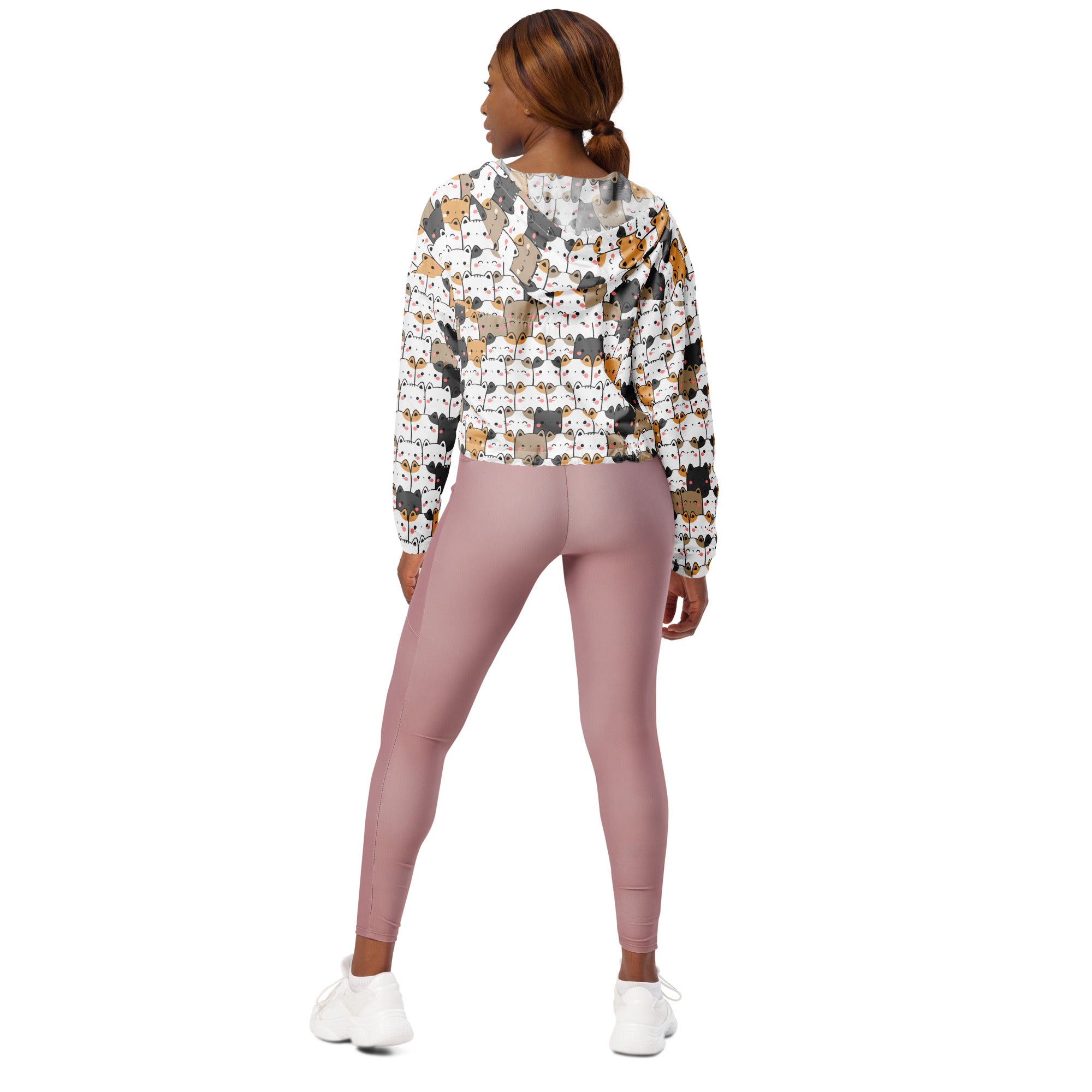 White cropped hoodie with playful colorful cartoon cats pattern lightweight kawaii windbreaker with hood and pockets