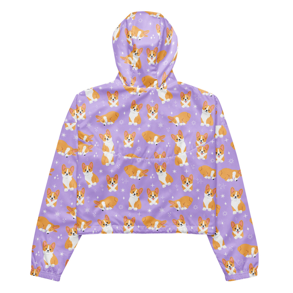 Women’s purple corgi dog cropped windbreaker with playful cartoon corgi print and adjustable hood and pockets