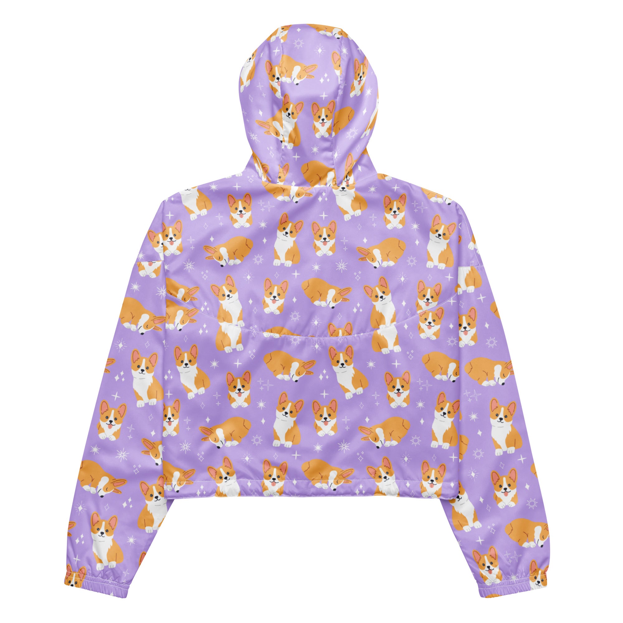 Women’s purple corgi dog cropped windbreaker with playful cartoon corgi print and adjustable hood and pockets