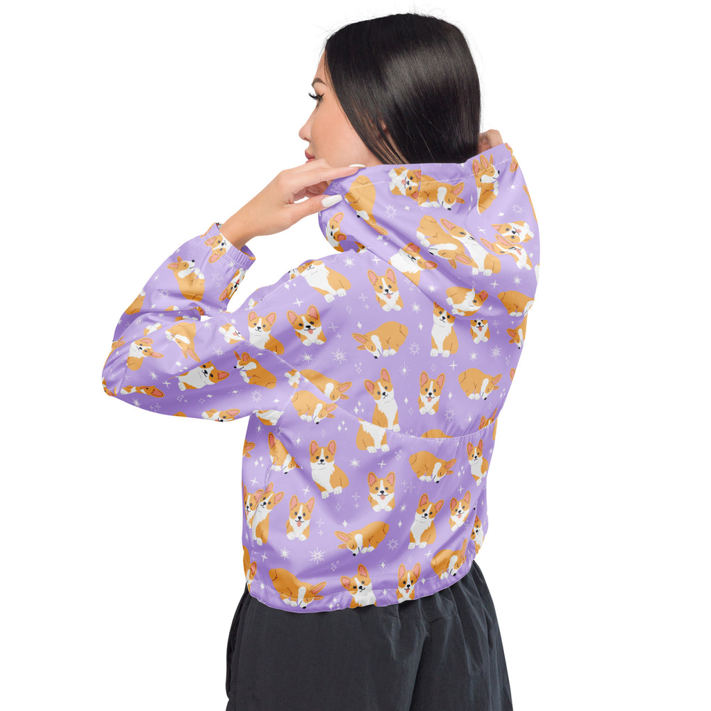 Women’s purple lightweight corgi print cropped windbreaker with adjustable hood and pockets for casual wear