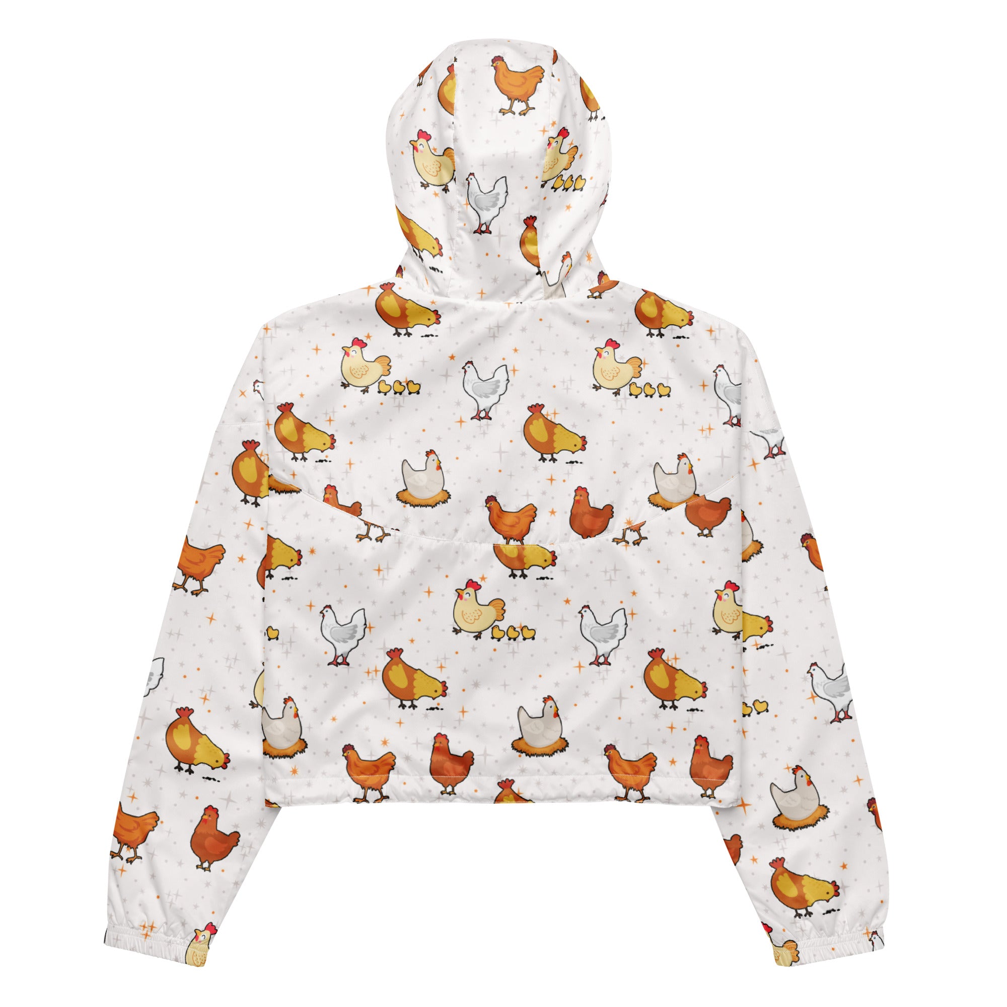 White hooded women’s chicken cropped windbreaker with playful orange brown and white cartoon chicken pattern