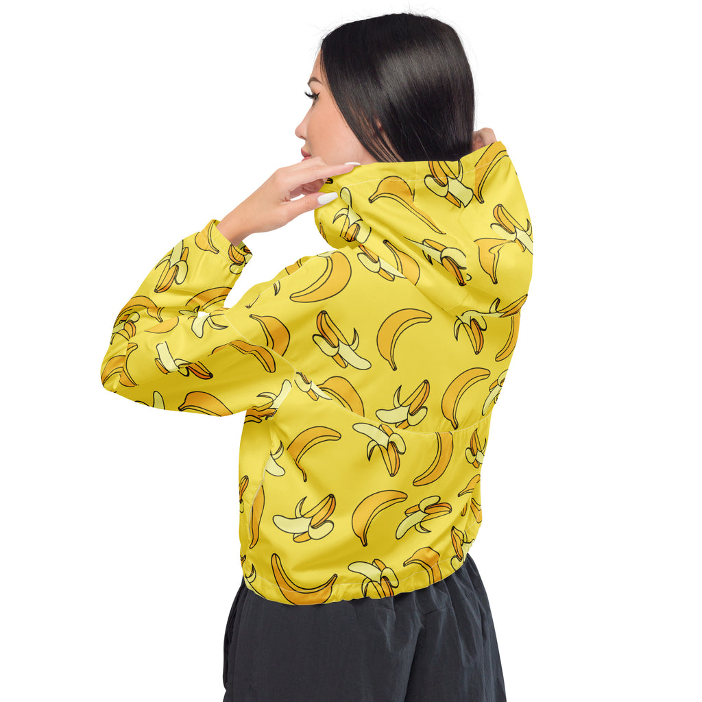 Women’s yellow banana print cropped windbreaker jacket with adjustable hood lightweight and water resistant