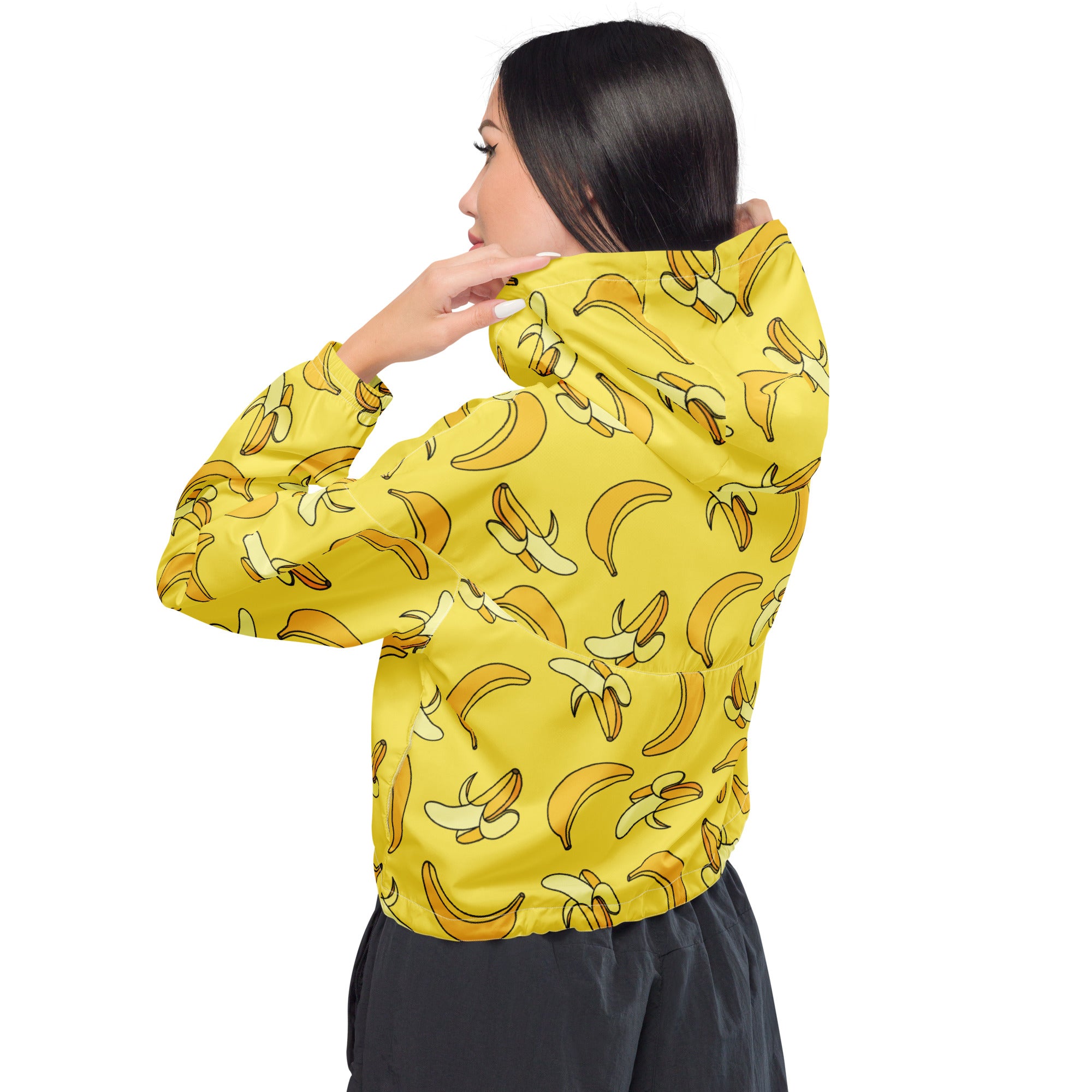 Women’s yellow banana print cropped windbreaker jacket with adjustable hood lightweight and water resistant