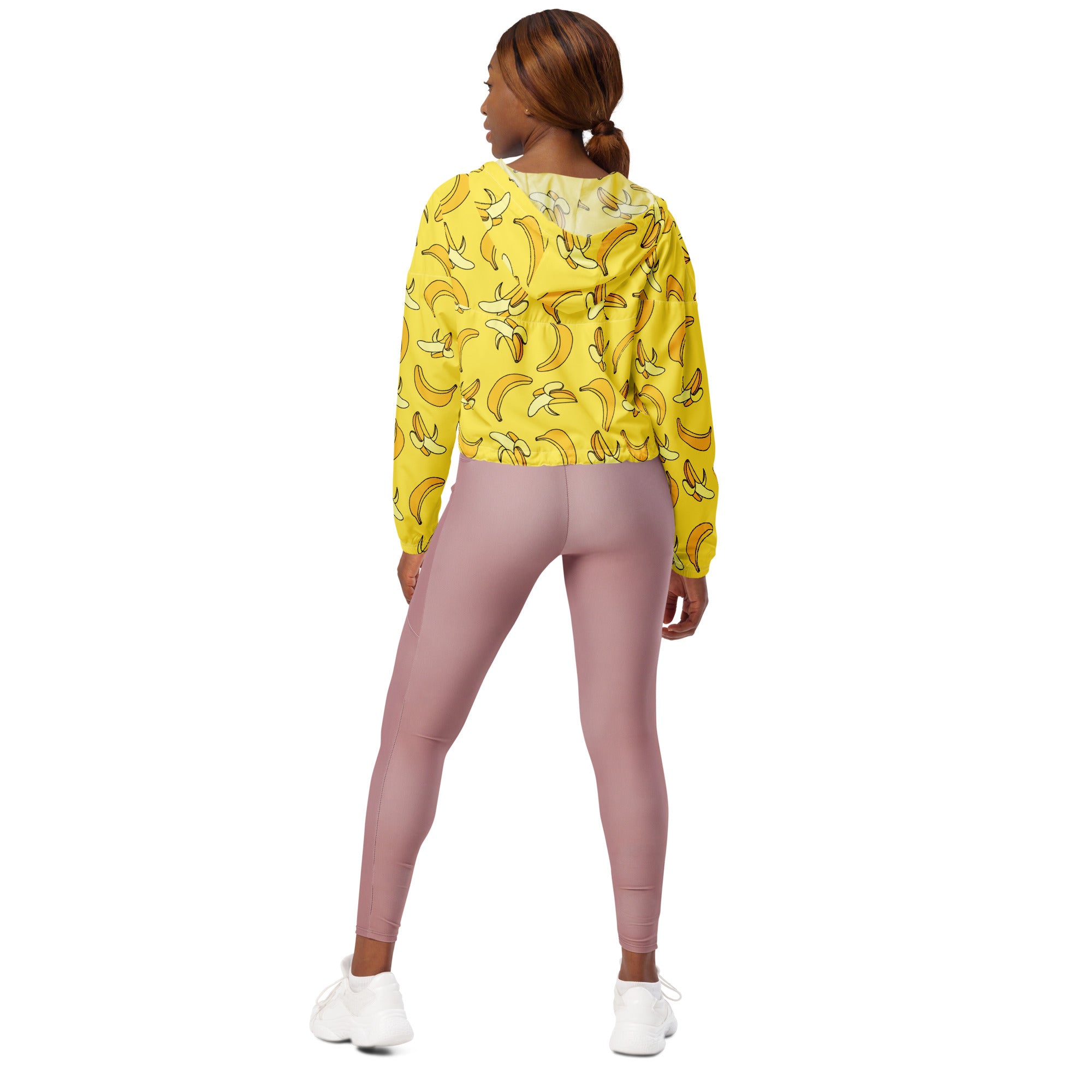 Women’s yellow banana-print cropped windbreaker lightweight water resistant jacket with adjustable hood and pockets