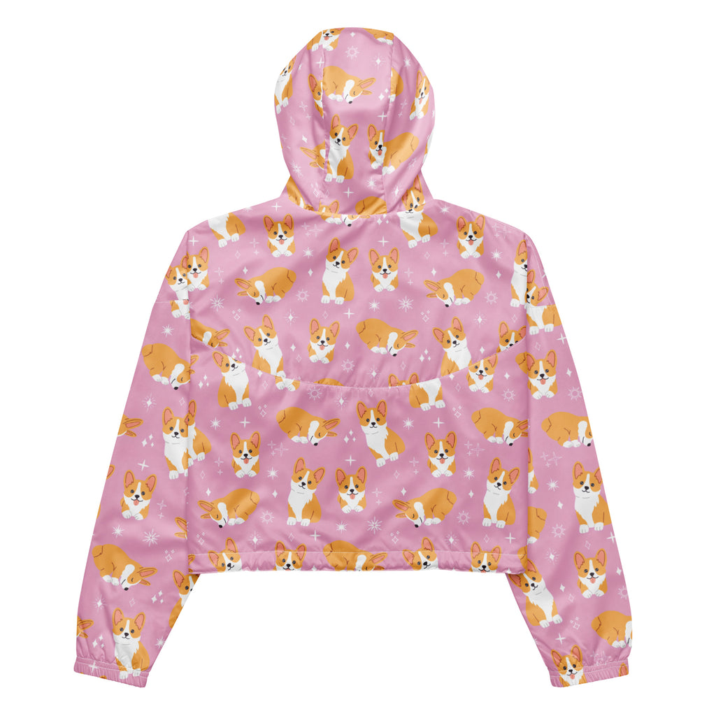 Women’s pink corgi cropped windbreaker featuring a repeating cartoon corgi pattern with adjustable hood and pockets
