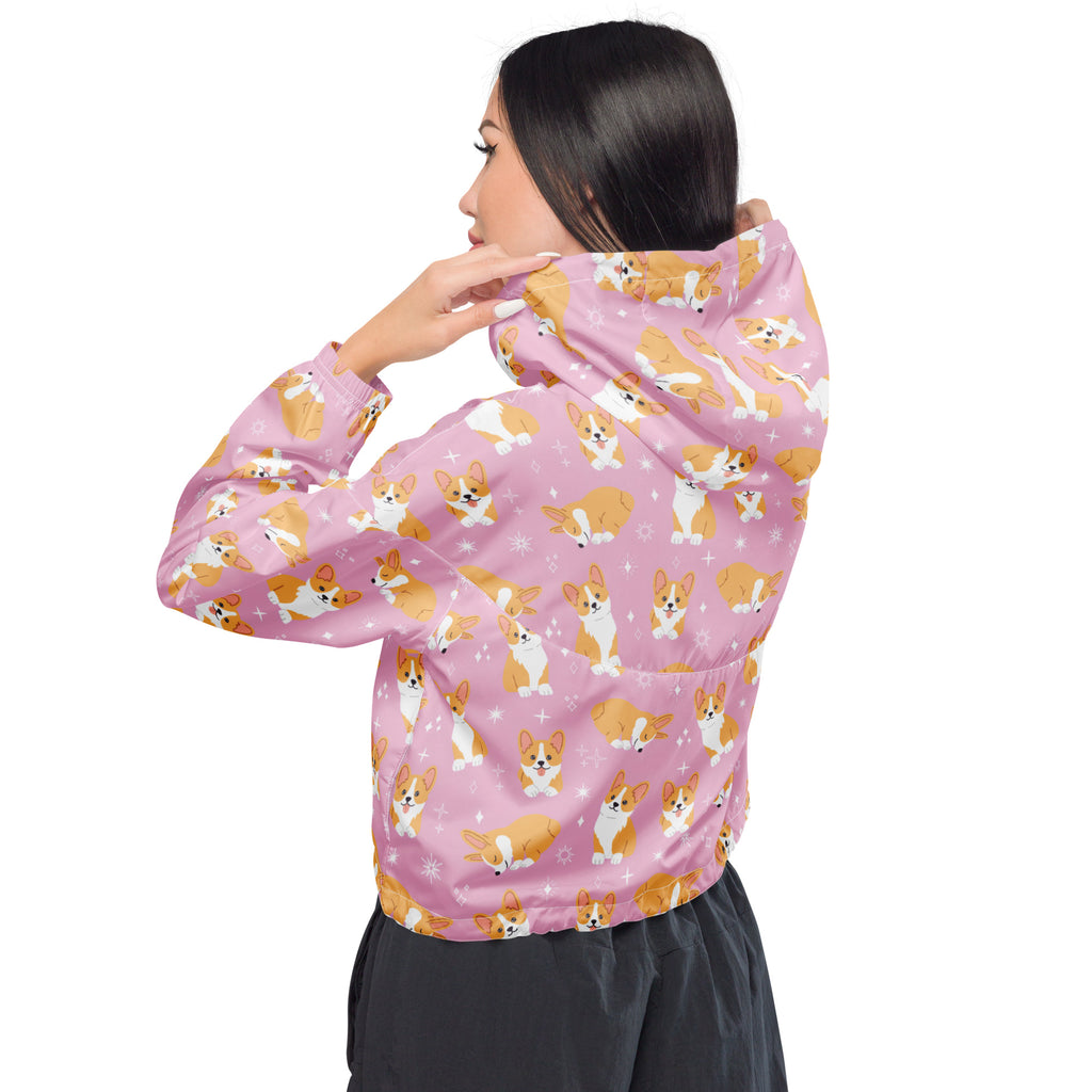 Women’s pink corgi cropped windbreaker jacket with hood long sleeves lightweight water resistant with pockets