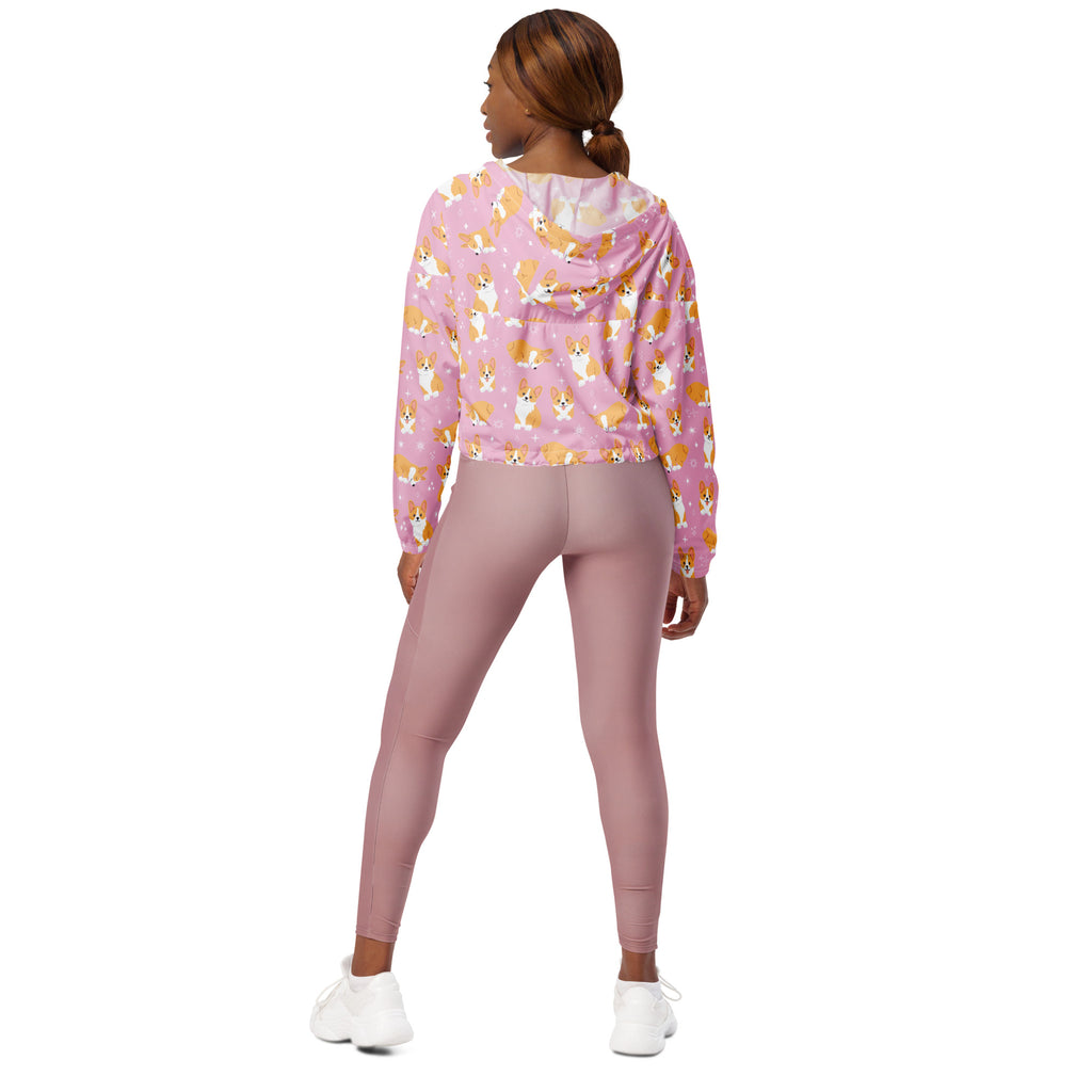Women’s pink corgi print hoodie with long sleeves and hood paired with matching mauve leggings